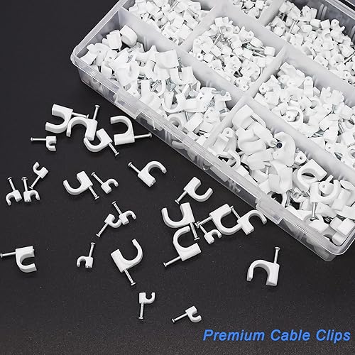 Miniatura 5 de mxuteuk 630 clips de cable con clavos de acero, 45680.394 in redondos y cuadrados de 50.236 in, clips de cable blanco cuadrados, clips de pared para