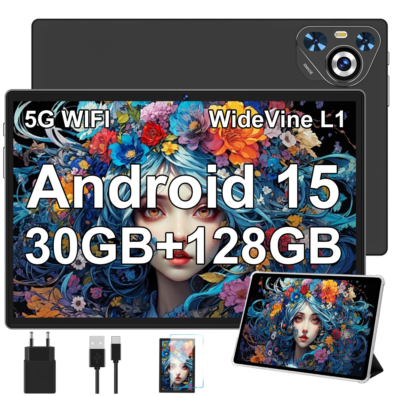 Dghrti Tablet 30GB RAM 128GB ROM+(TF 2TB Espandibile), 10 Pollici+8000mAh, WIFI 5G/ BT5.0/ OTG/Camera 5+8 MP, Widevine L1, Certificazione GMS, Tablets Corpo in Metallo con Custodia Protettiva -Nera