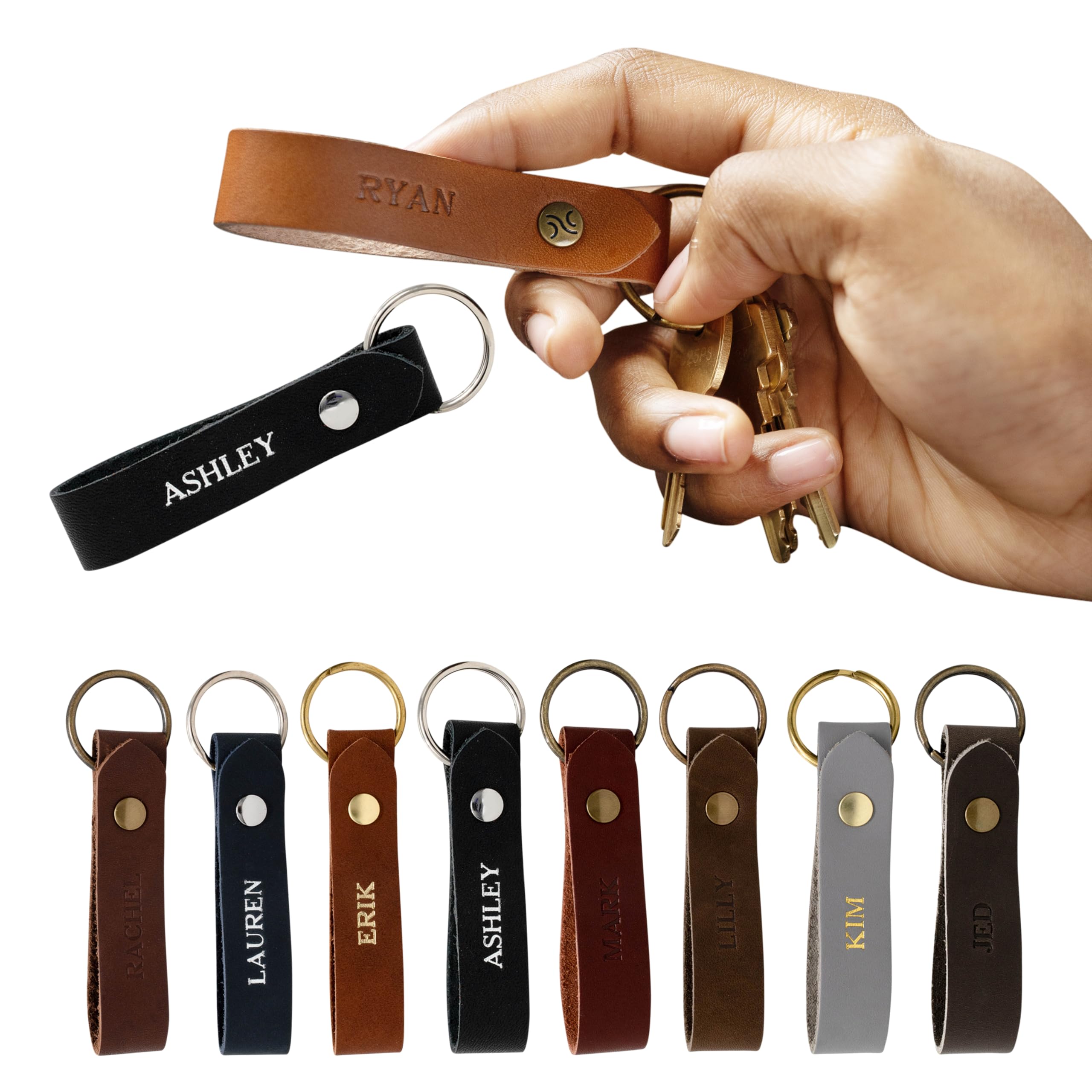 Personalized Leather Keychain – Custom Full Grain Key Ring Fob – Handmade in USA Gift for Men, Women and Couples