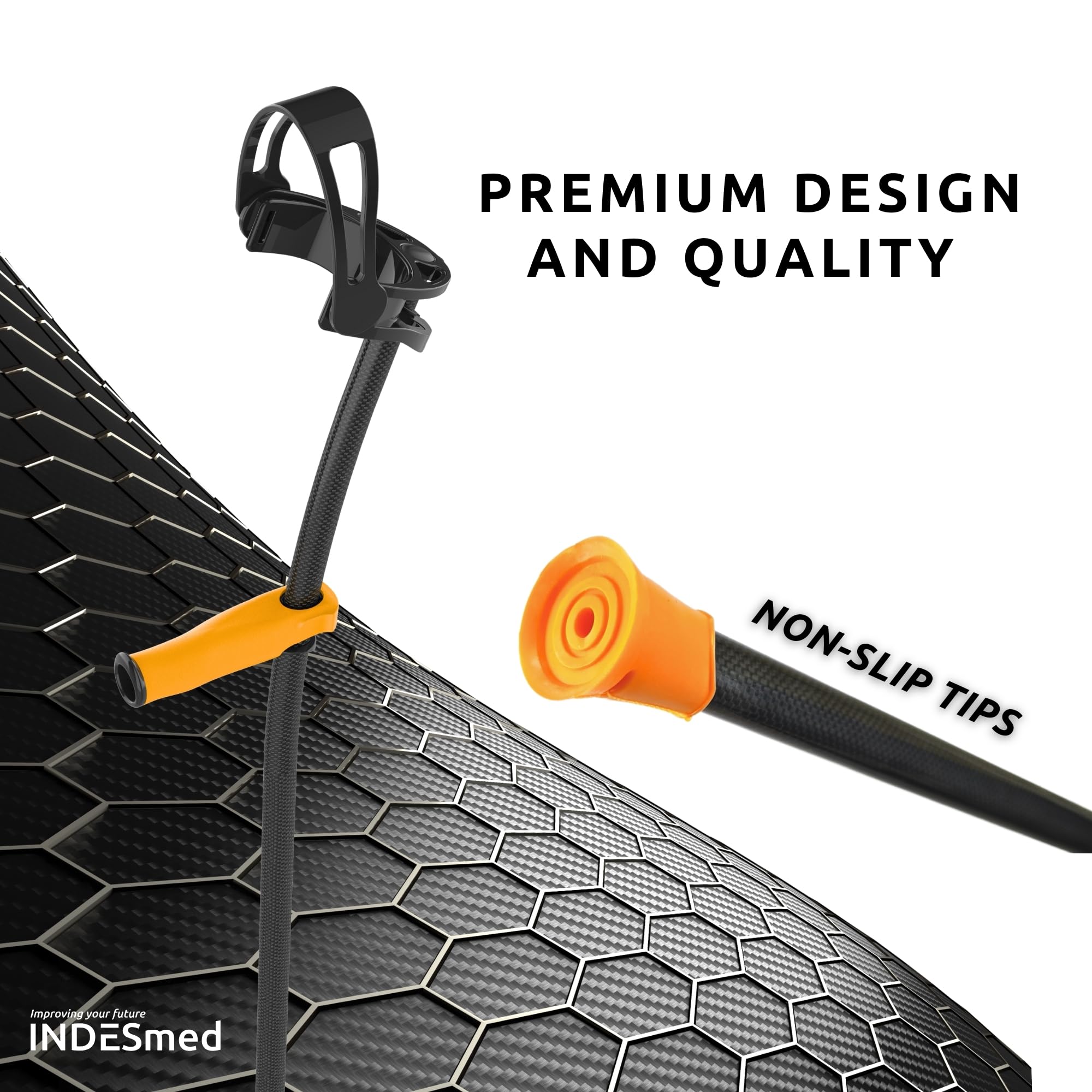 2x Muleta 100% Fibra de Carbono INDESmed, La más ligera del mundo, Diseñada y Fabricada en España, Premiada internacionalmente, adulto, ortopédica, regulable y ergonómica (NEGRO, M - 165/175cm)