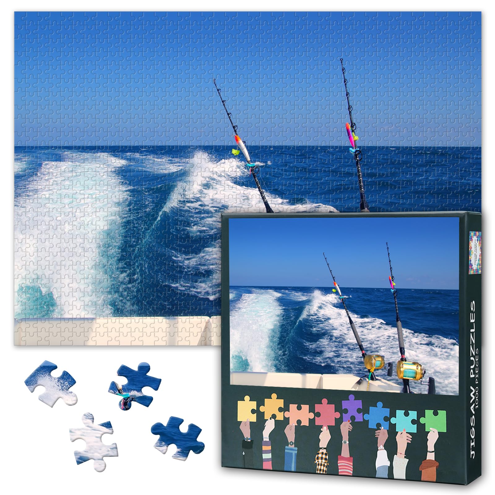 Jigsaw Puzzle 1000 Pieces for Adults Ocean Fishing Artwork Wall Decor Modern Blue Sea Painting with Boat and Fishing Rod Scenic Coastal Landscape Puzzle Game 27.5 x 19.7 Inches โ image 1