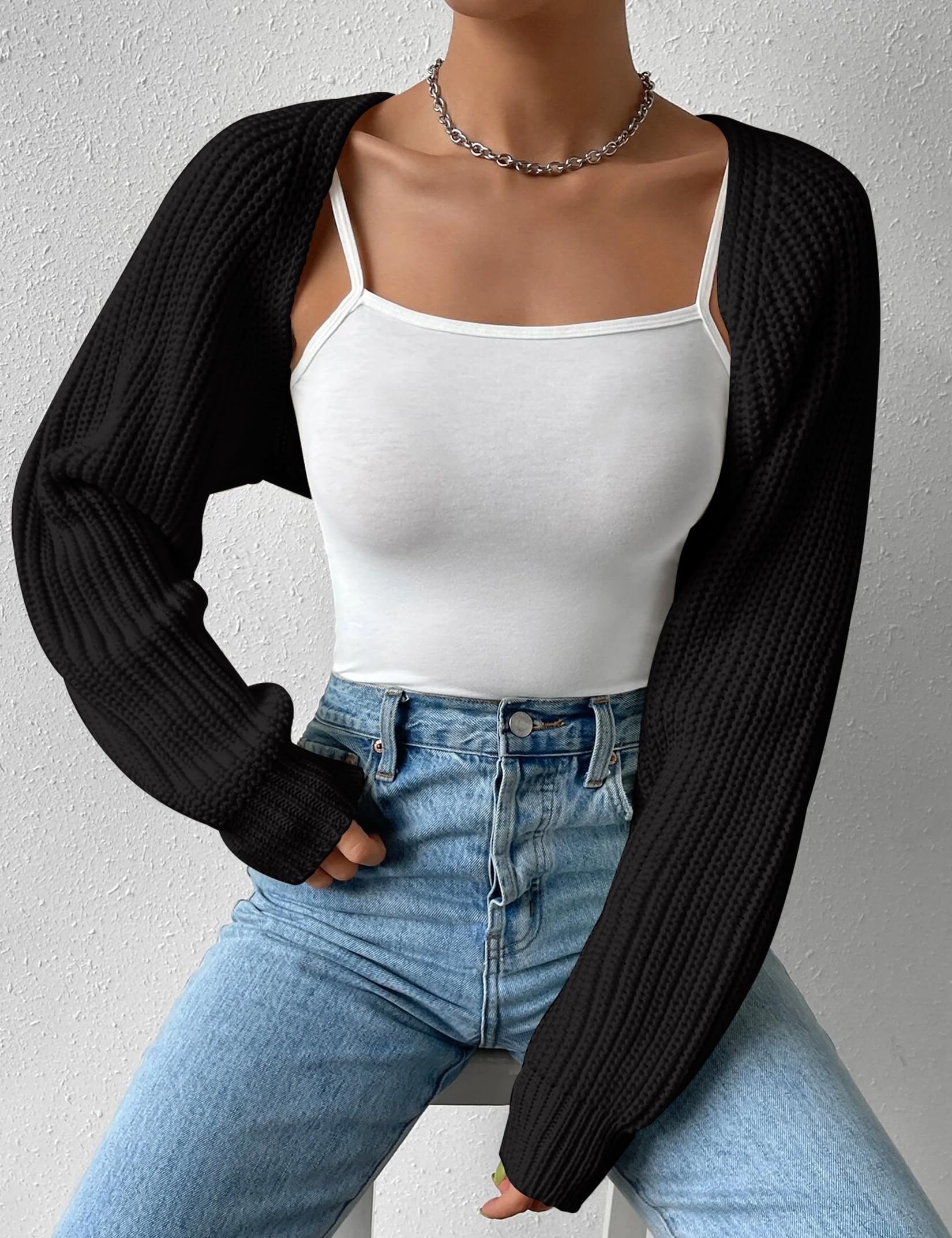 XuBa Bolero - Cárdigan corto para mujer, manga larga, color sólido, acanalado