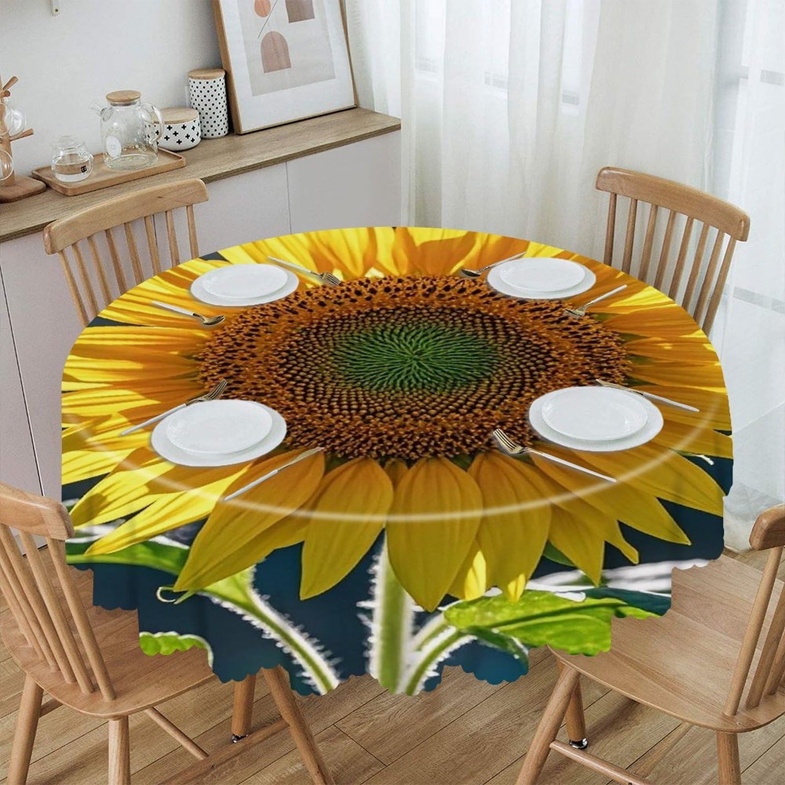 LZQPOEAS Night Sunflowers Round Tablecloth Rustic Circle Table Cloth Wrinkle Resistant Decor Tablecloth Waterproof Washable Table Cover for Kitchen Party Dining Table 60 Inch