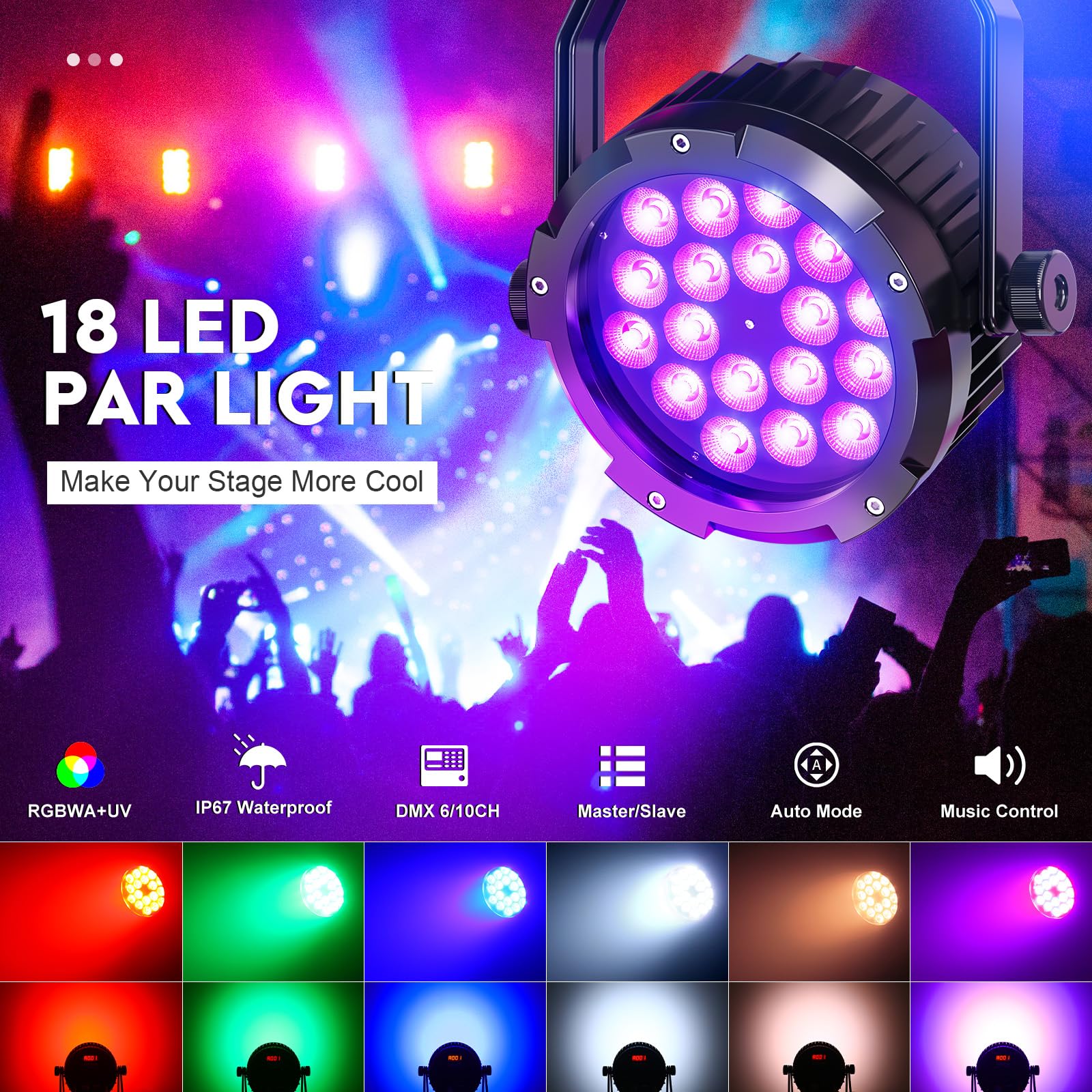IP67 200W Par LED Lumière de Scène étanche, RGBWA + UV 18 LED Imperméable Éclairage de Scène DMX 6/10CH, Lumière Par pour Jours de Pluie Extérieur Mariage Halloween Noël