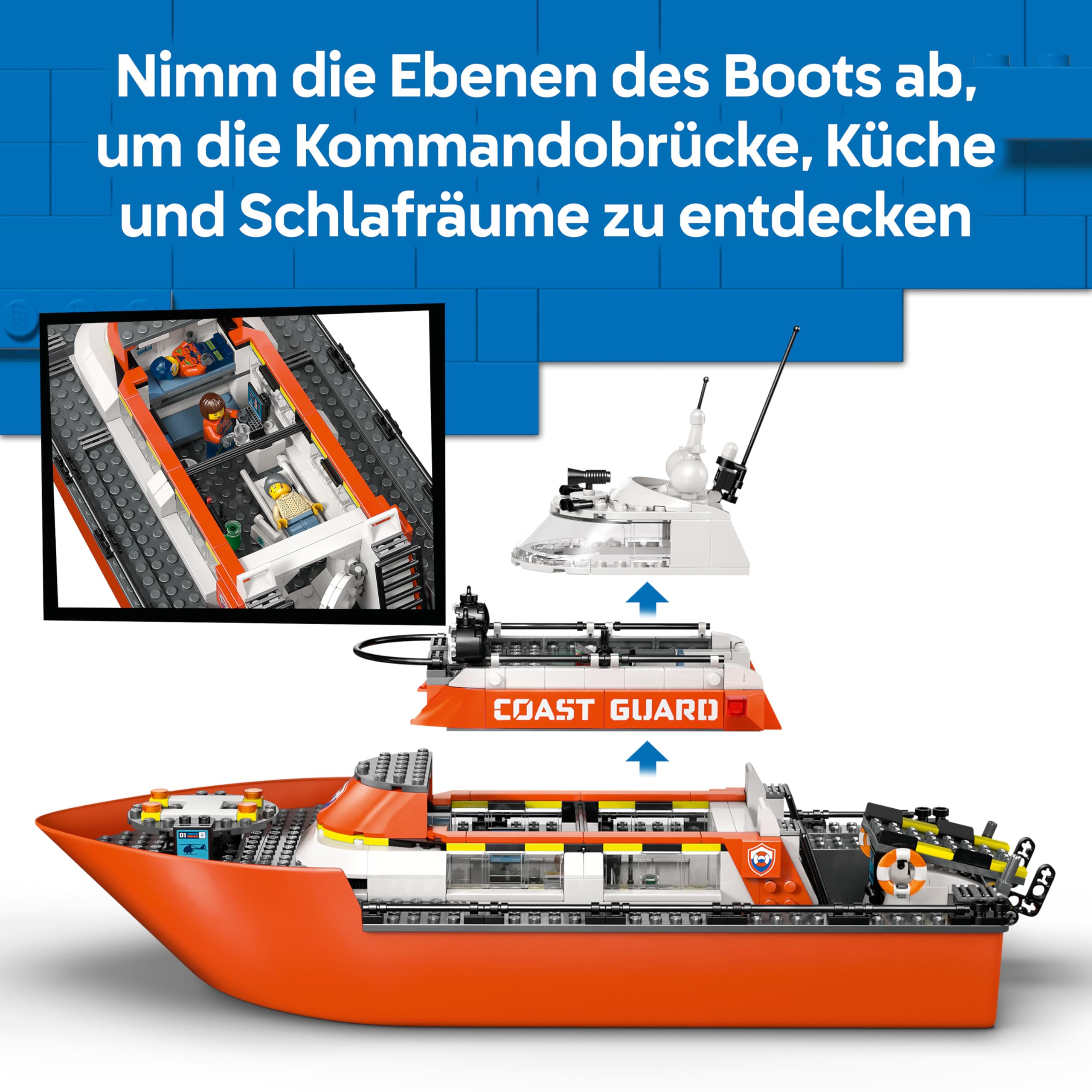 LEGO City Rettungsboot der Küstenwache mit Hubschrauber - Spielzeug Einsatzfahrzeug - Set mit schwimmendem Schiff, 5 Minifiguren und Hundefigur - Geburtstagsgeschenk für Jungen ab 7 Jahren - 60504