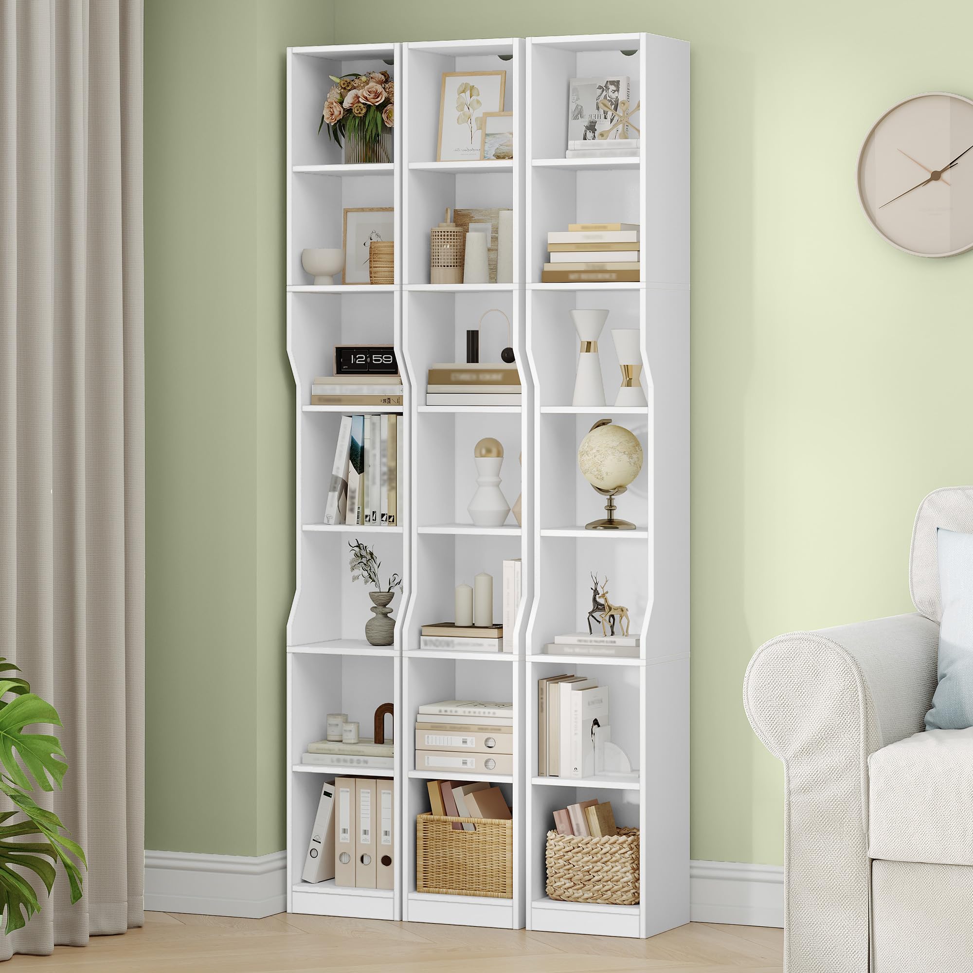 HEXCELEN Librería Vertical de 7 Niveles, 28 x 30 x 208,1 cm, Blanco | Estantería Estrecha, Estantería Cubo, Estanterías de Almacenamiento, para Estudio, Salón, Dormitorio, Moderno