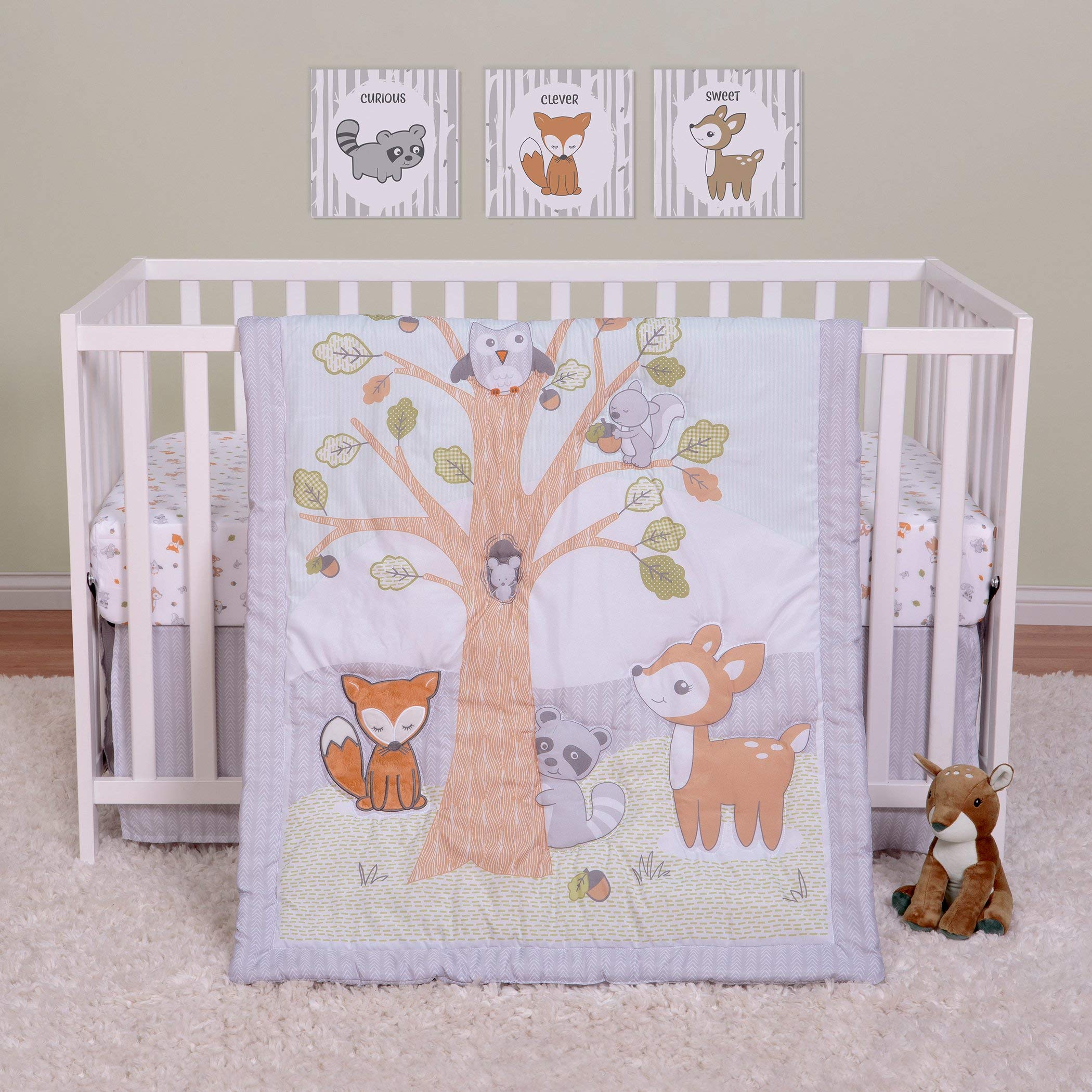 Sammy & Lou Friendly Forest 4-Piece Baby Crib Bedding Set, Includes Quilt, Fitted Crib Sheets Neutral, Crib Skirt, and Plush Toy
