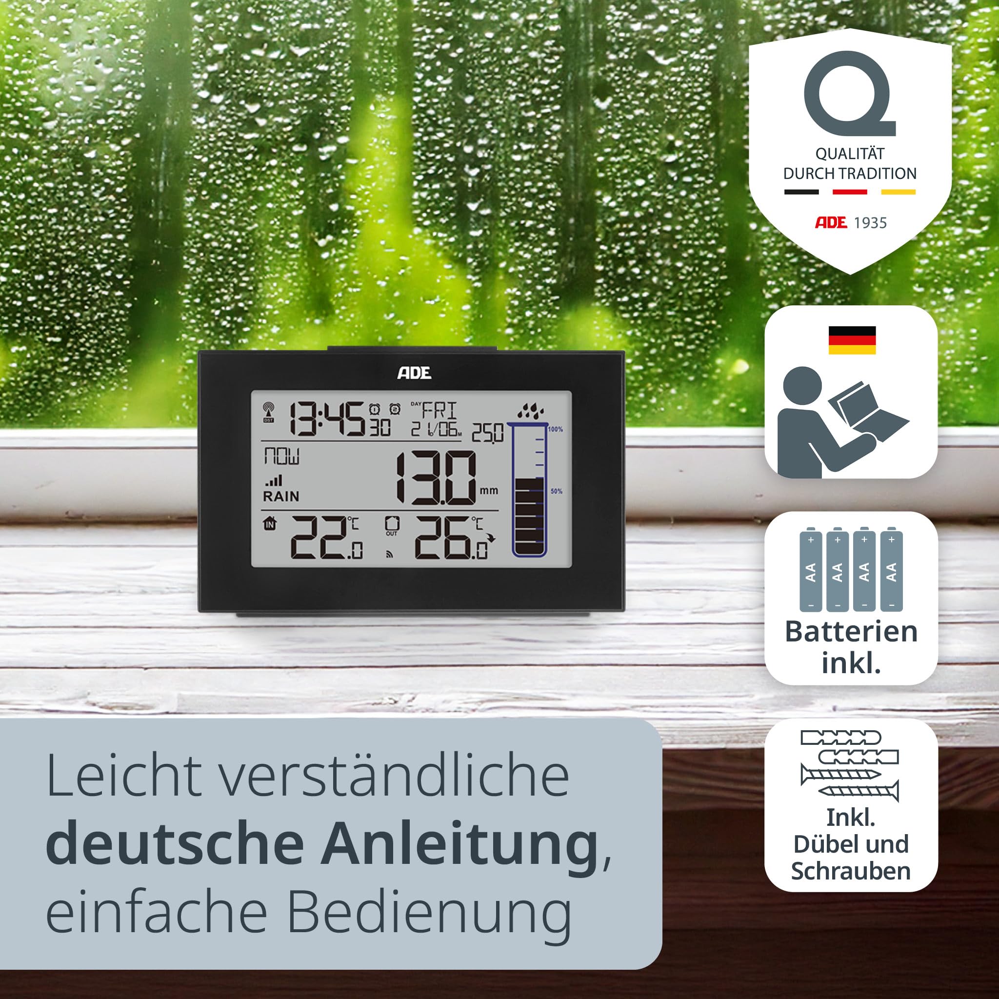 ADE Digitaler Regenmesser frostsicher mit Wetterstation | Funk-Außenthermometer für den Garten | Innenthermometer | Funkwecker mit 2 Weckzeiten | mit Datumsanzeige | inkl. Batterien