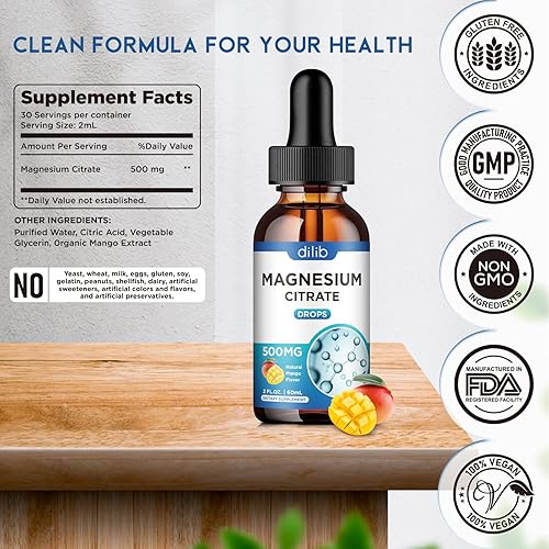 Miniatura 6 de Suplemento líquido de citrato de magnesio de 500 mg, ayuda al alivio del estrés, hueso, músculo, estado de ánimo, sueño, 2 onzas líquidas, vegano,