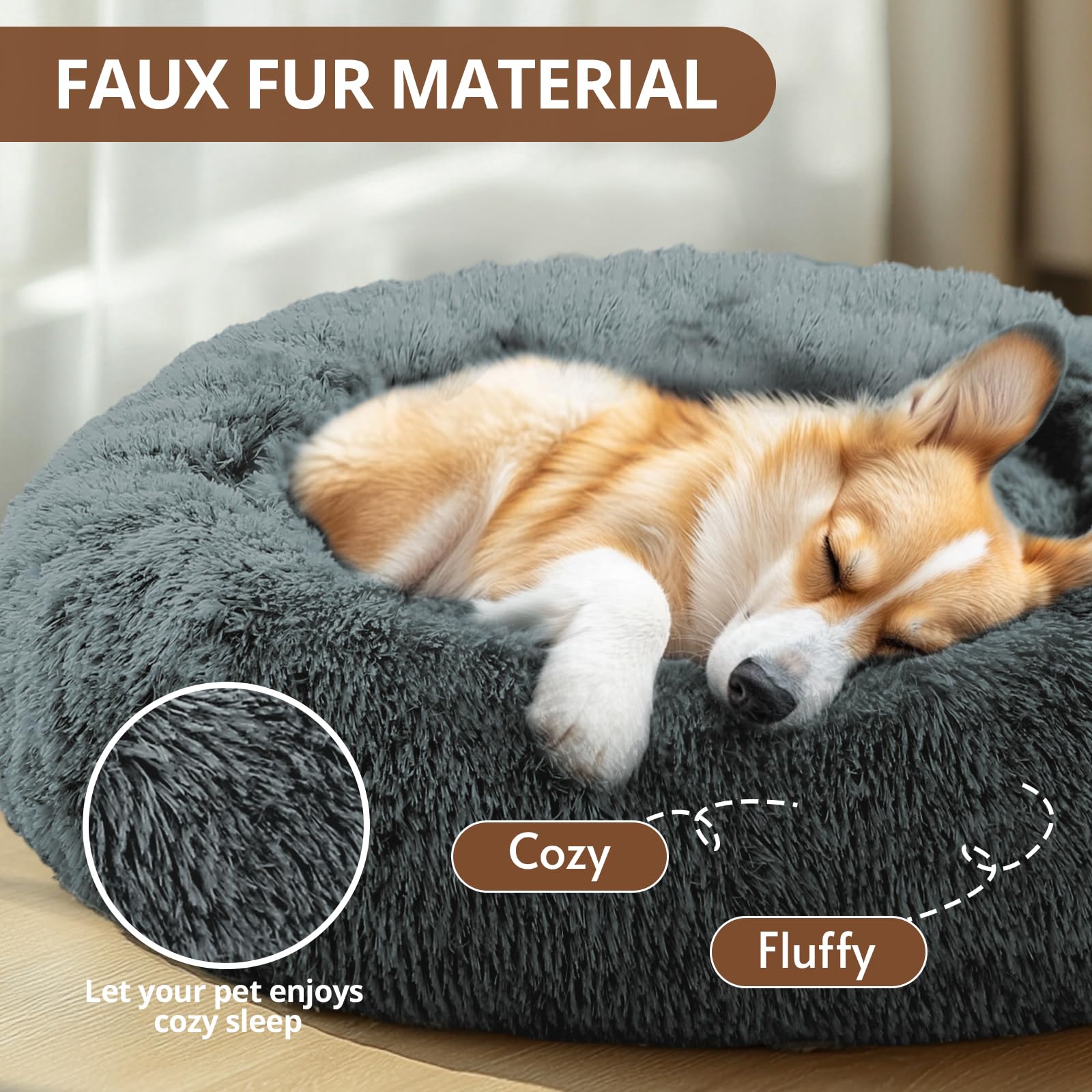 JOLLYVOGUE Calming Dog Beds Large Sized Dog, 36in Donut Washable Large Pet Bed, Anti-Slip & Anti-Anxiety Fluffy Faux Fur Round Dogs Bed, Fits up to 80 lbs Pets (Smoke Brown): 27.0"L x 27.0"W x 8.0"Th Navy Grey