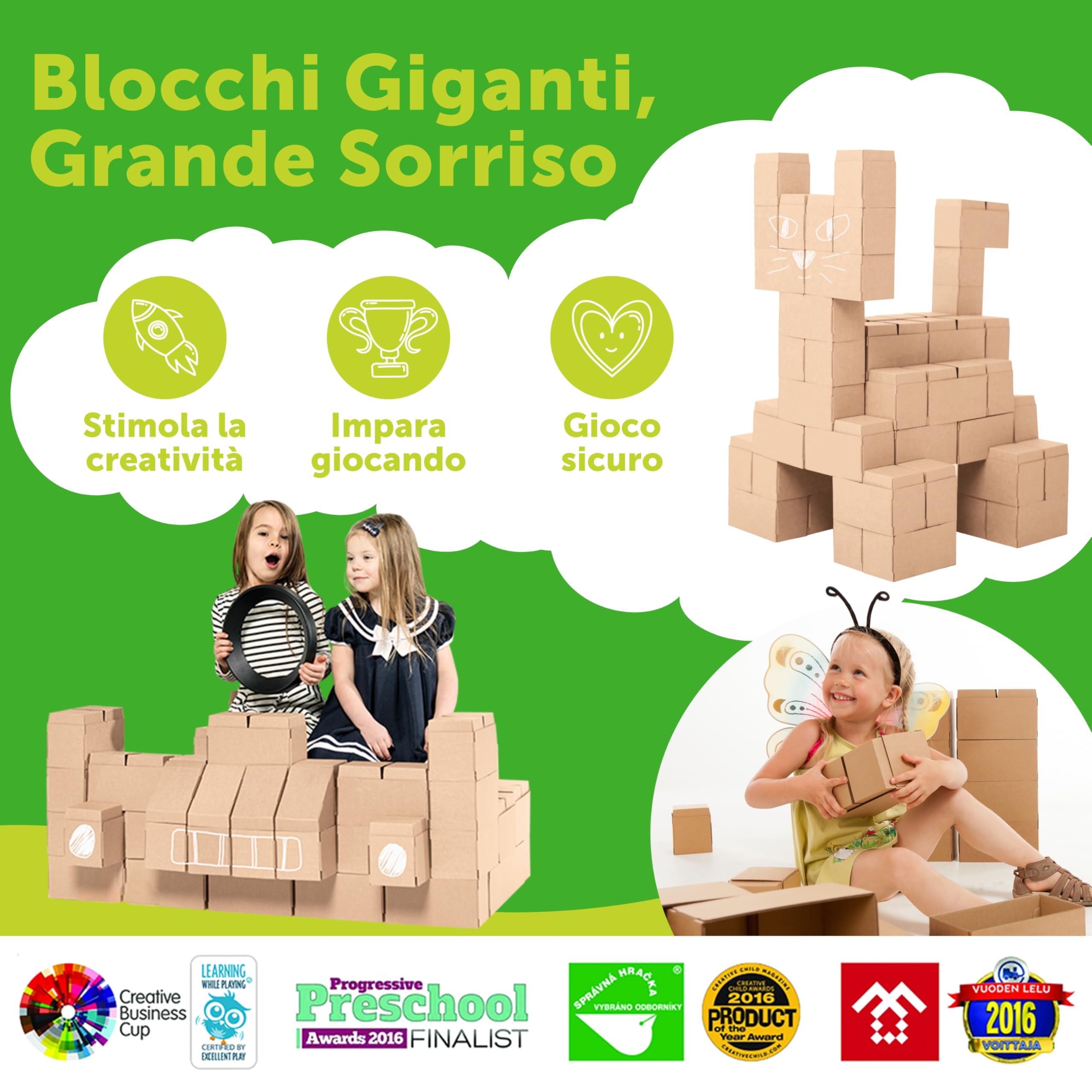 GIGI BLOKS 60 Mattoncini Costruzioni Grandi per Bambini XXL Impilabili & Incastro | Cartone Blocchi Costruzioni per Bambini Robusti e Facili da Montare | Grandi Giochi Montessori Creativi & Educativi