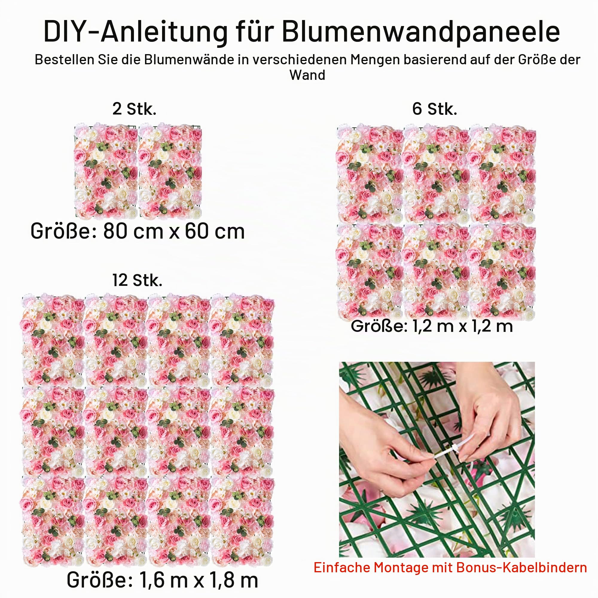 Blumen-Wandpaneel – 6 rosa Blumen-Hintergrund, 40x60 cm, Seidenrosen, künstliche Kunstblumen, für Hochzeit, Party, Kinder- und Babyzimmer, Heimdekoration