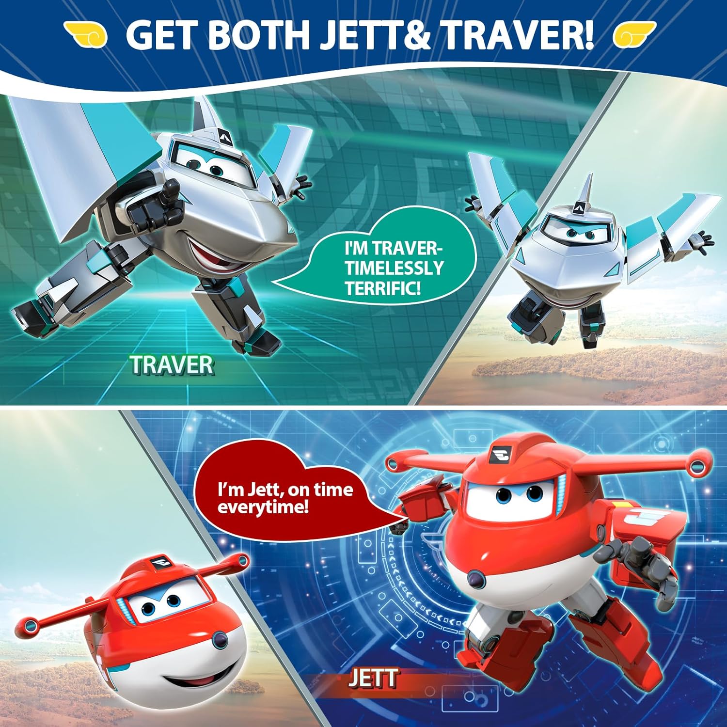 Super Wings Transformable Toys Playset, 5 in Jett and Traver Airplane Transforming Figures Toys Set, 2 in 1 Mode Rescue Bots Toy for 3-5 Year Old Boys Girls, Plane Toy for Toddlers Kids Age 3 4 5 6