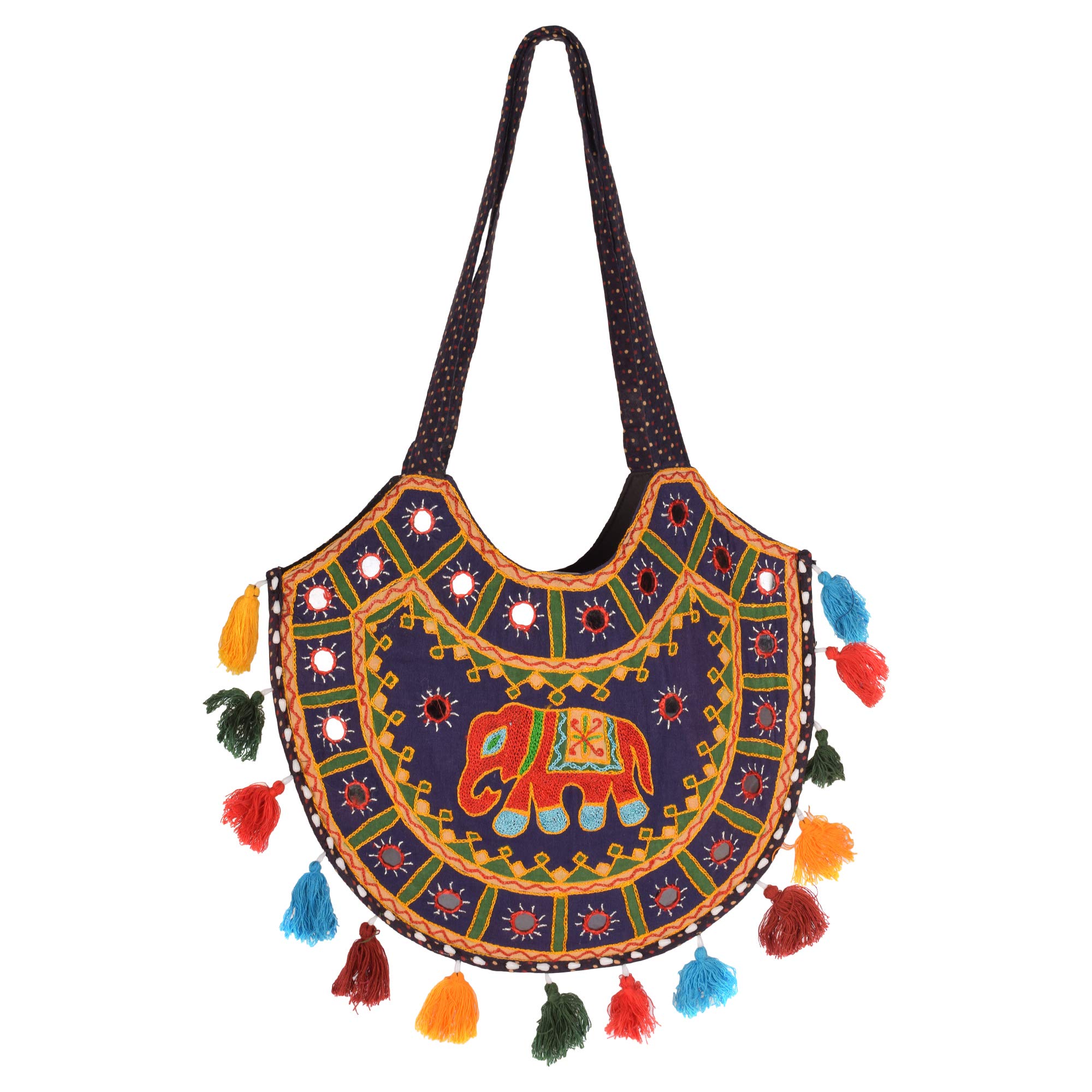 Tribes IndiaRajasthani Tribal Handmade Purple Cotton With Embroided Resham Dori Shoulder U-Shaped Handbag (Babal Resham Elephant) (1STXBAGRJ00104_1)