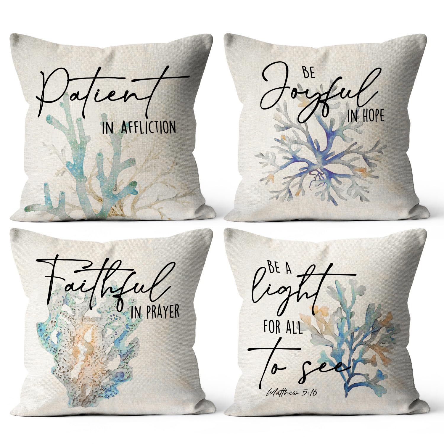 Palasarkaaa 4 Pcs Christian Encourage Religious Throw Pillow Covers for Hallway Bedroom Living Room, Fall Coastal Coral Beach Themed Decorative for