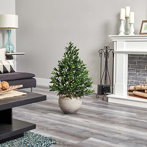 Miniatura 4 de Nearly Natural Árbol artificial topiario de cono de olivo de 3 pies en maceta de piedra arenosa resistente a los rayos UV (interior/exterior)