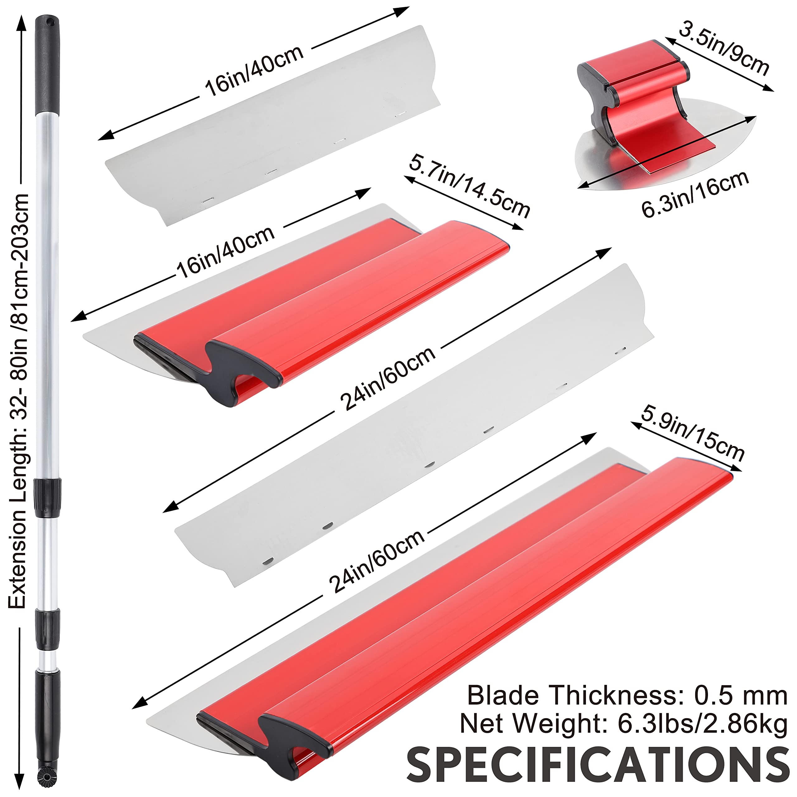 Crystmetal Drywall Skimming Blade Set 16" /24" Blades + 32"-80" Extension Handle + Arc Scraper, Wall-Board with enhanced 0.5mm Stainless Steel Knife