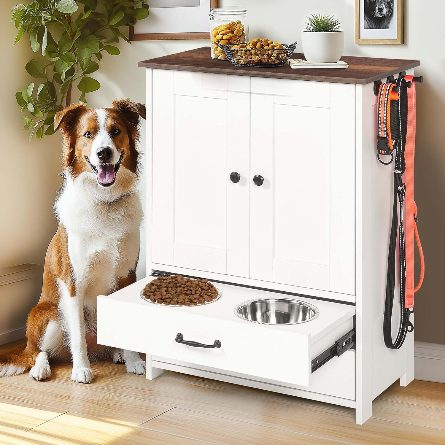 Dog Feeding Station with Storage, Dog Food Storage Cabinet with Bowls and Drawers, Pet Feeding Station with Adjustable Shelves and Hooks (White-2 Drawers)