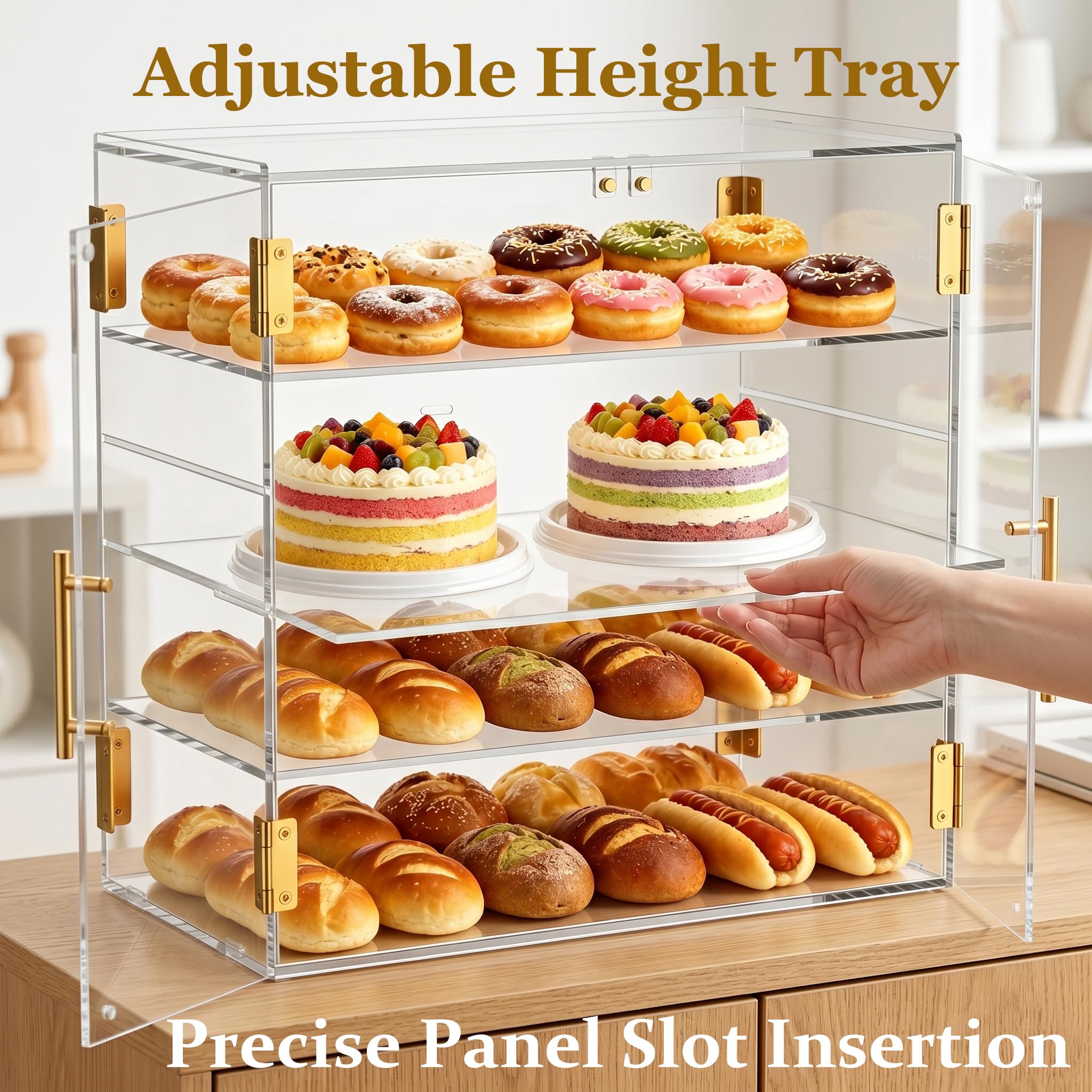 Vitrina de panadería mejorada de 3 niveles con puerta magnética | Vitrina acrílica para repostería de altura ajustable, para pan, postres, cosméticos, baño
