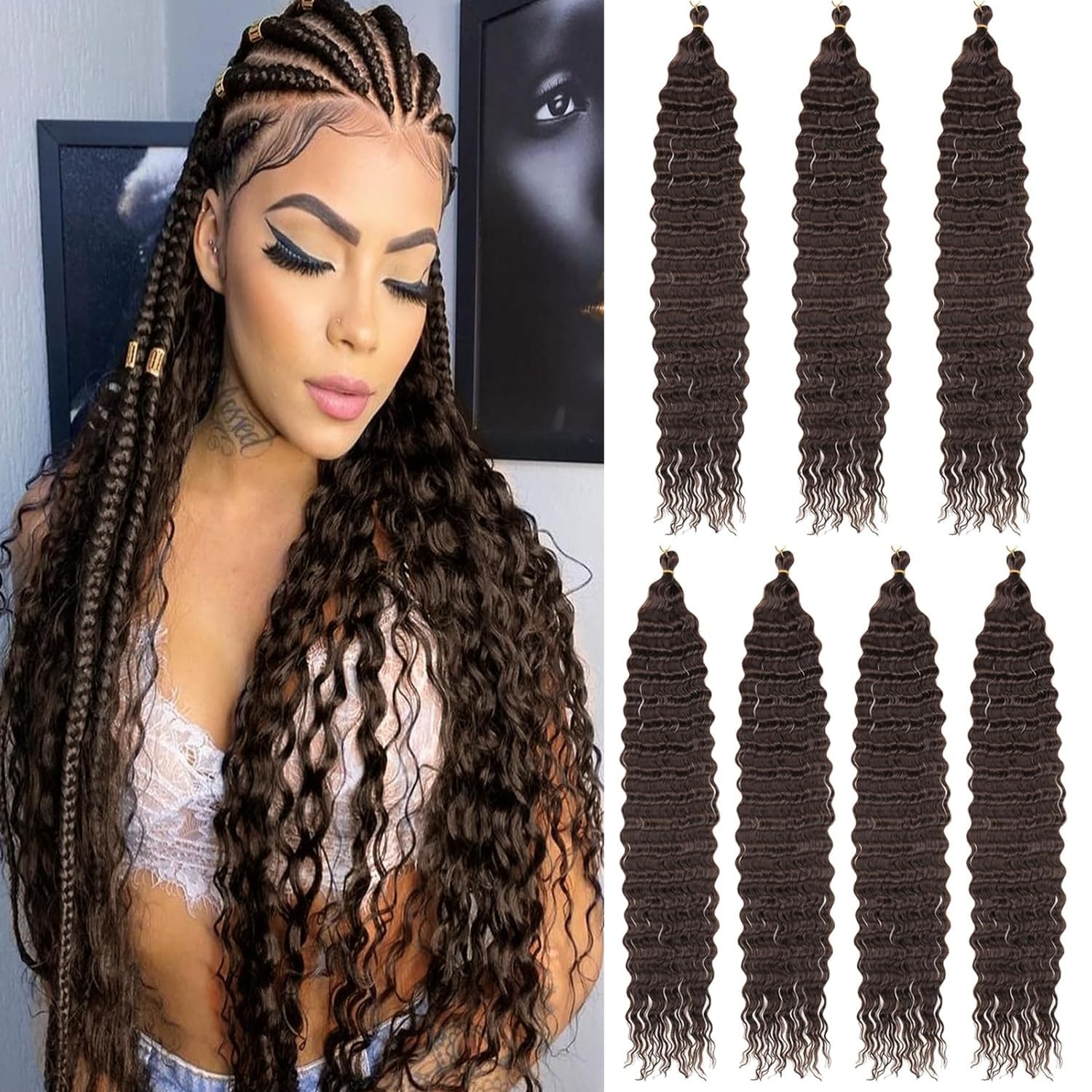 Mscat 24 Inch Ocean Wave 7Pack Crochet hair Extexsions Long Braids Dark Brown Deep wave Synthetic hair Curly Braiding hair for Black Women 4#