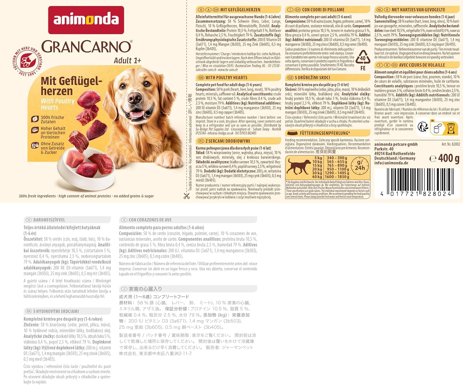Animonda GranCarno Adult,Mokra karma dla doroslych psów, z Drobiowymi Sercami, 6 x 400 g