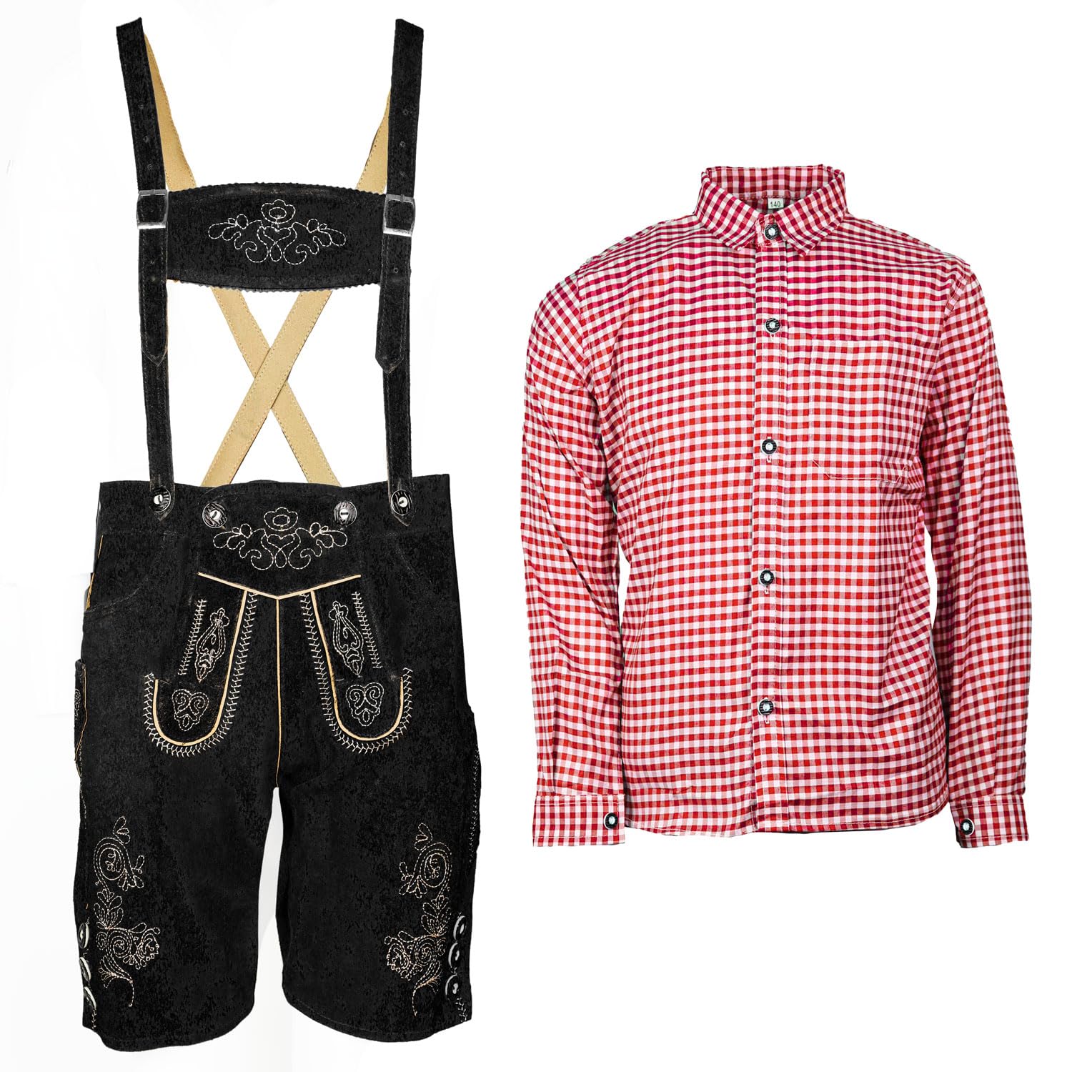 Leo - Pantaloni in Pelle per Bambini, con Camicia, Colore Nero Colore: Rosso 8 Anni