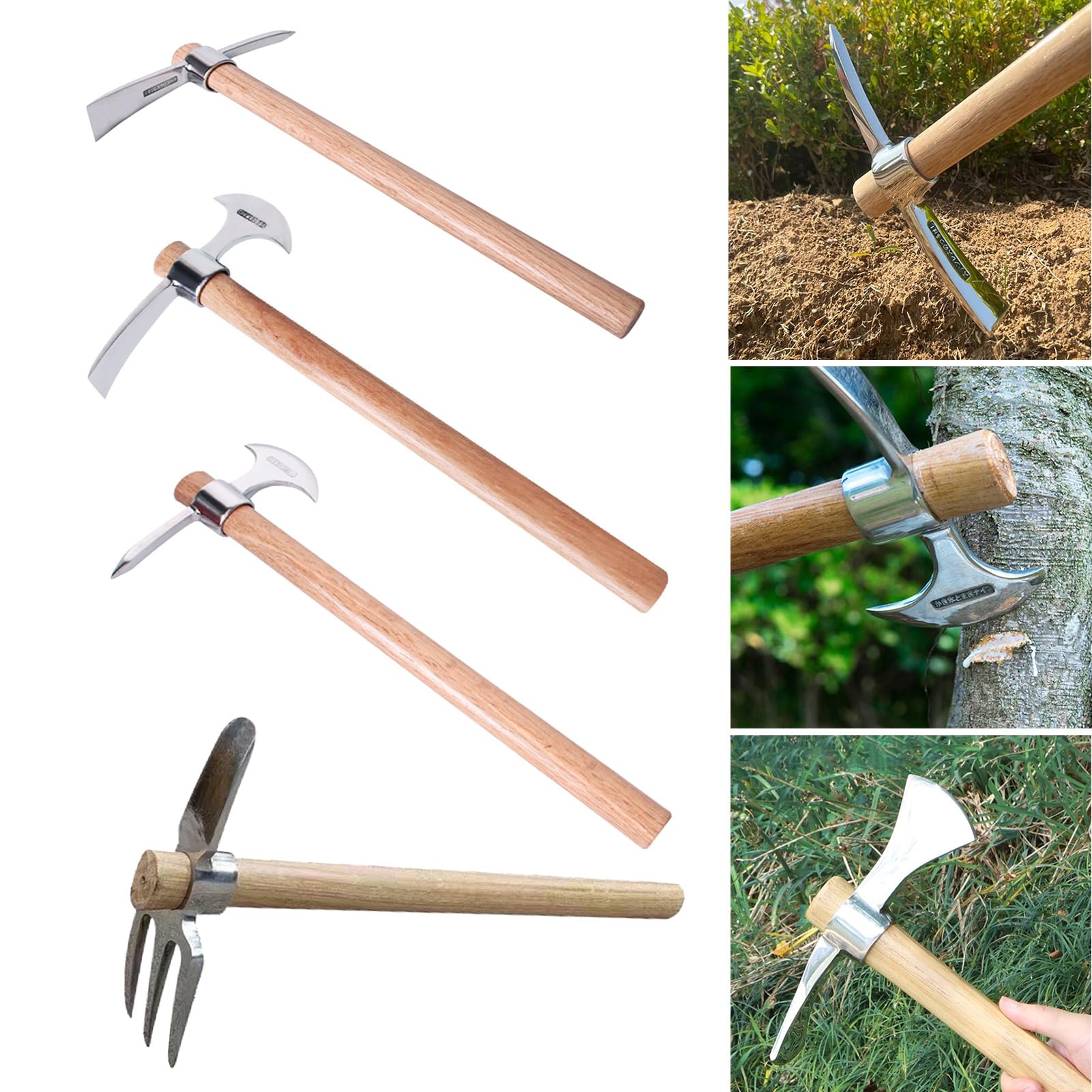 Piccone a doppia testa in acciaio inossidabile con manico in legno per allentare il suolo scavare il suolo multifunzionale piccone piccone strumenti da giardinaggio 1* (A+B+C+D)