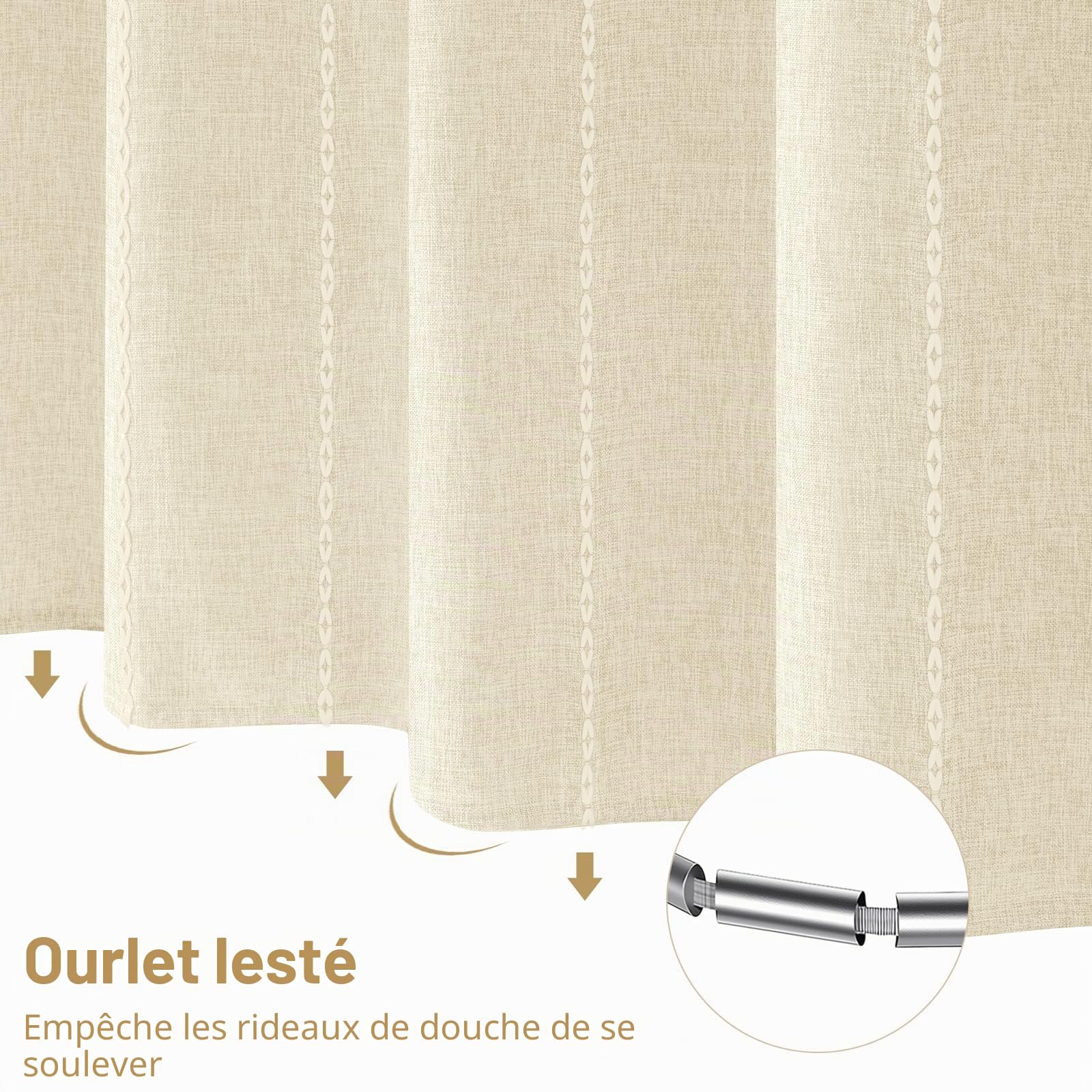 VANZAVANZU Rideau de douche bohème, sans crochets, beige, tissu polyester et lin à rayures avec revêtement imperméable pour salle de bain, style campagnard rustique shabby chic, rideau de douche