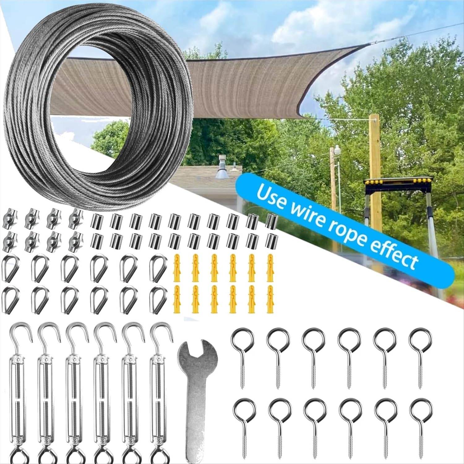 Shade Sail Hardware Kit Sun Shade Sail Hardware Kit with 30M Cable Wire Rope Stainless Steel for Outdoor Backyard Patio Garden Shelter Camping Tent for Outdoor