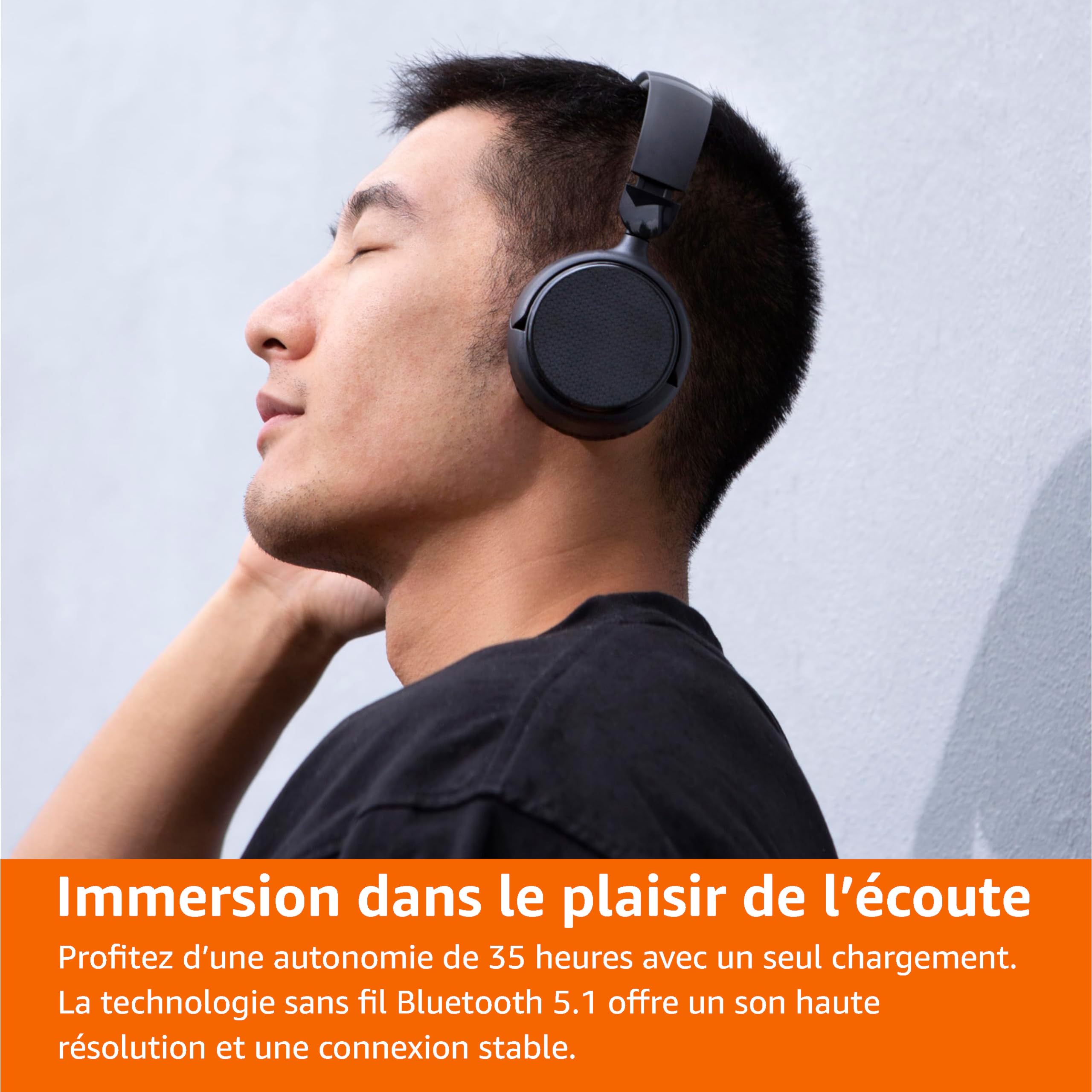 Amazon Basics Casque Audio Bluetooth 5.1 Sans Fil, 35 Heures d’Autonomie, Léger, Réglable, Idéal Pour les Voyages, le Bureau, les Téléphones Portables et les Ordinateurs, Noir