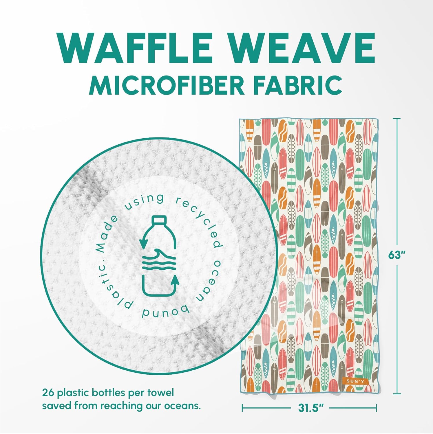SUN'Y Waffle Microfiber Beach Towel – Sand Free, Quick Dry, Ultra Absorbent, Lightweight & Compact Travel Towel with Carry Bag - Large (63” x 31.5”), Huntington - Image 3