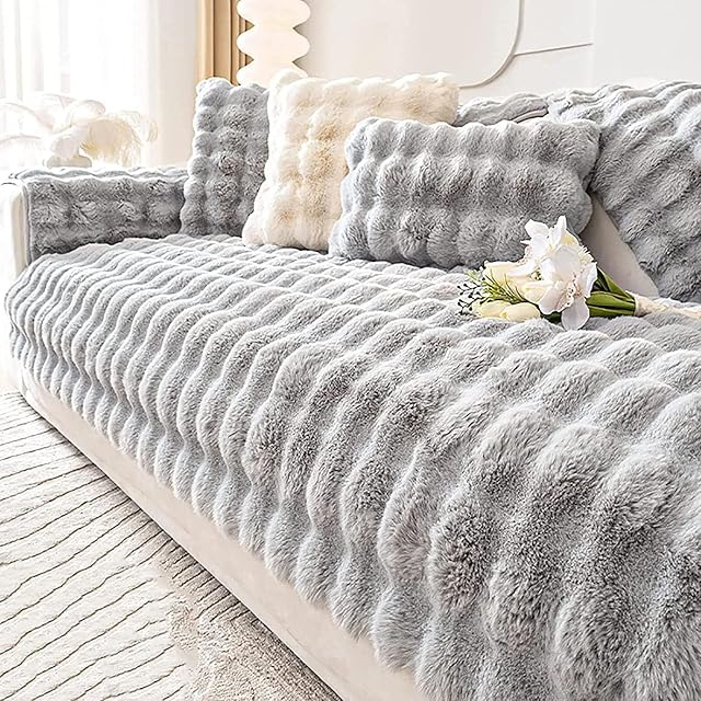 Thick Rabbit Plush Sofa Covers 1 2 3 Seater, Non-Slip Sofa Slipcovers For Corner L Shape, Funny Fuzzy Sofa Cover, Warm Velvet Sofa Cushion Covers, Washable Furniture Protector (Light Grey,70x70cm)