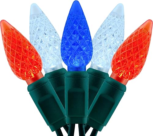 YULETIME Luces LED de Navidad C6 de una pieza, color rojo, blanco y azul, total de 71 pies, 140 unidades, 2 hebras, 35.5 pies, 70 unidades, 6