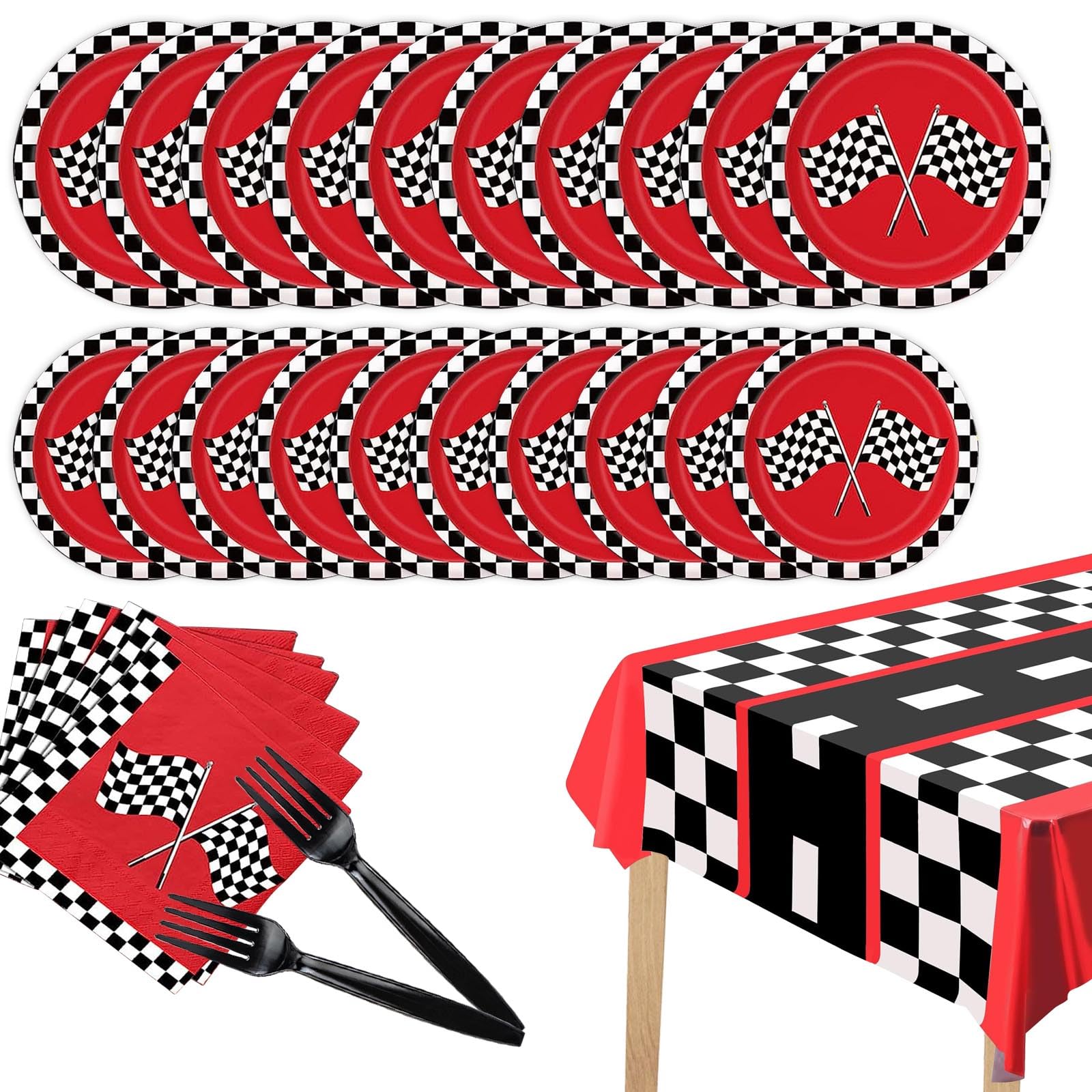 97 Pcs Race Car Party Supplies, Race Car Tableware Set with Checkered Race Car Party Tablecloth Plates Napkins Forks for Boys Birthday Baby Shower