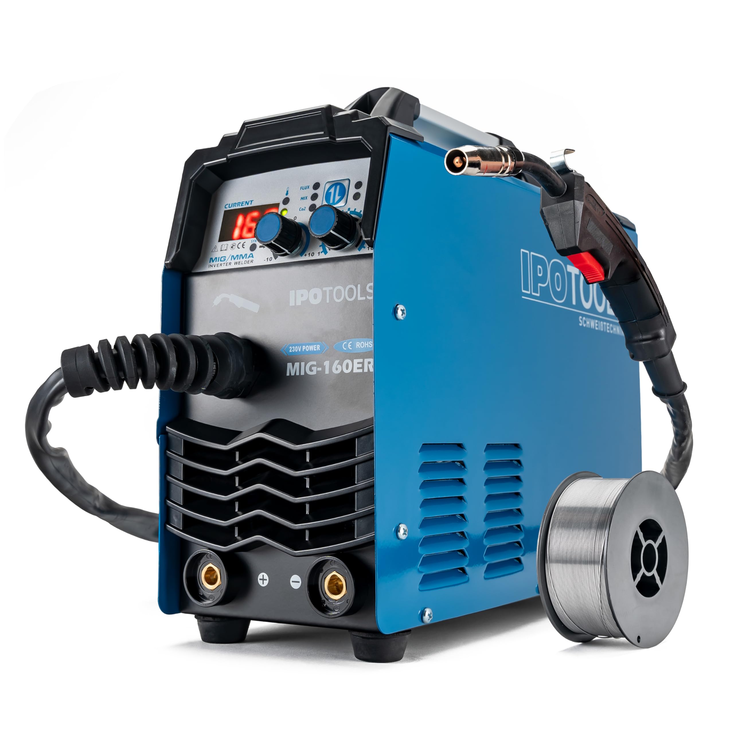 Poste à Souder MIG 160ER IPOTOOLS - Inverter IGBT 5 En 1 (MIG/MAG, MMA, Fil Fourré) - 230V - Set Complet Avec Casque, Gants, Accessoires