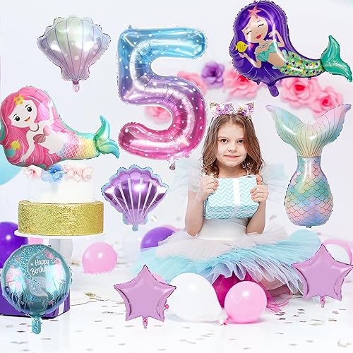 Miniatura 4 de Globos de sirena para decoración de cumpleaños de 5 cumpleaños para niñas, globos de decoración de fiesta de sirena de 5, globos de cumpleaños