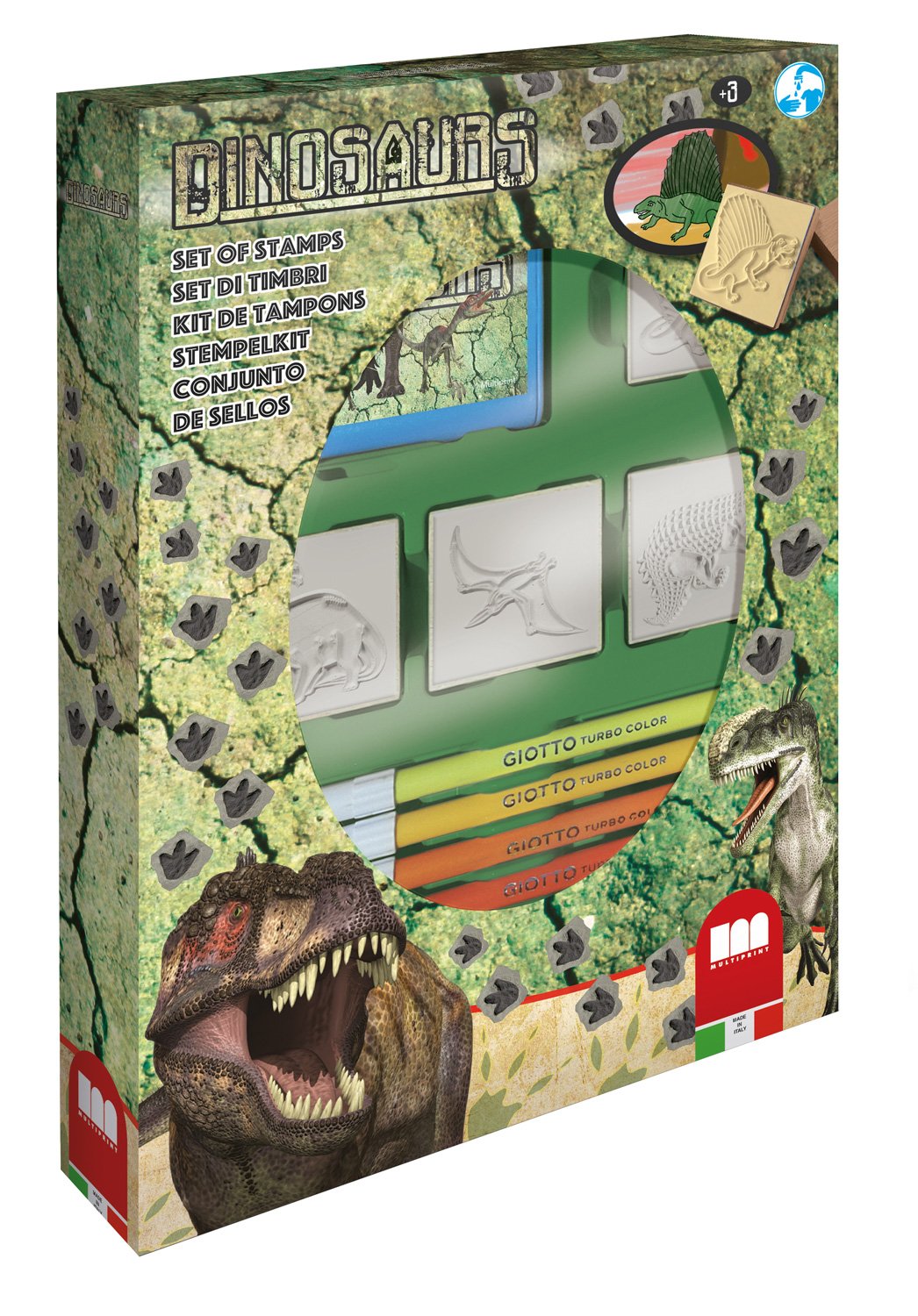 Set Timbri Per Bambini Multiprint Dinosauri - 5 Timbri In Legno E Gomma Naturale, Tampone Inchiostro Blu Lavabile E Matite, Made In Italy