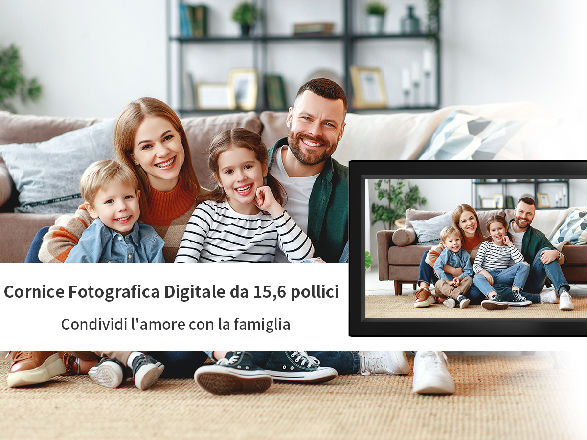 Veidoo Cornice Digitale WiFi 15,6" Touch IPS 1080p – 32GB Integrata, Rotazione Automatica, App Frameo, Supporta MicroSD 128GB, Montaggio A Parete