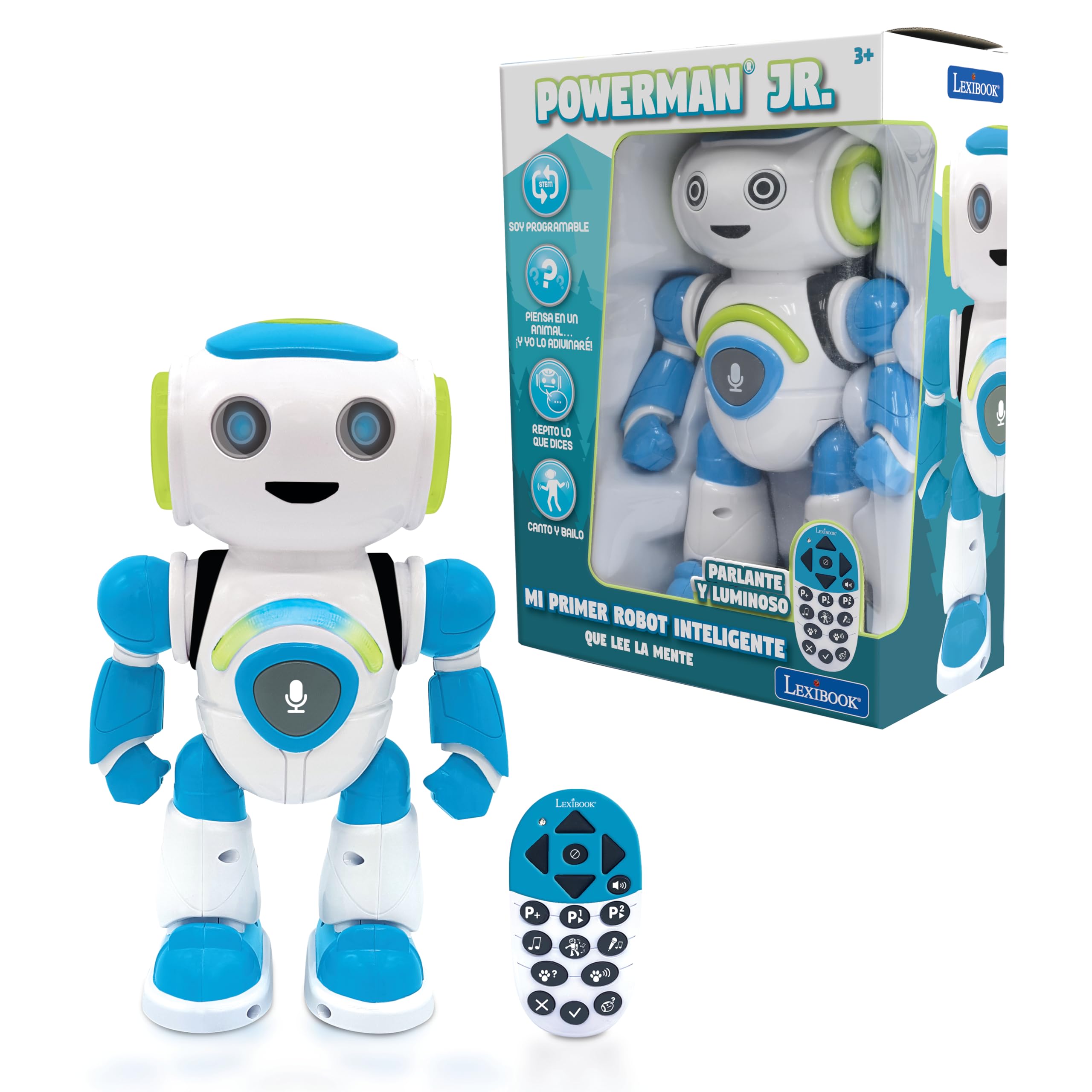 Lexibook,​Robot Intelligent Powerman Junior éducatif et interactif,​lit l'esprit, Danse,​Joue de la Musique,​répète Les Phrases,​télécommande, Jouet à partir de 3Ans, version Espagnole Bleu/​Blanc (ROB20ES)