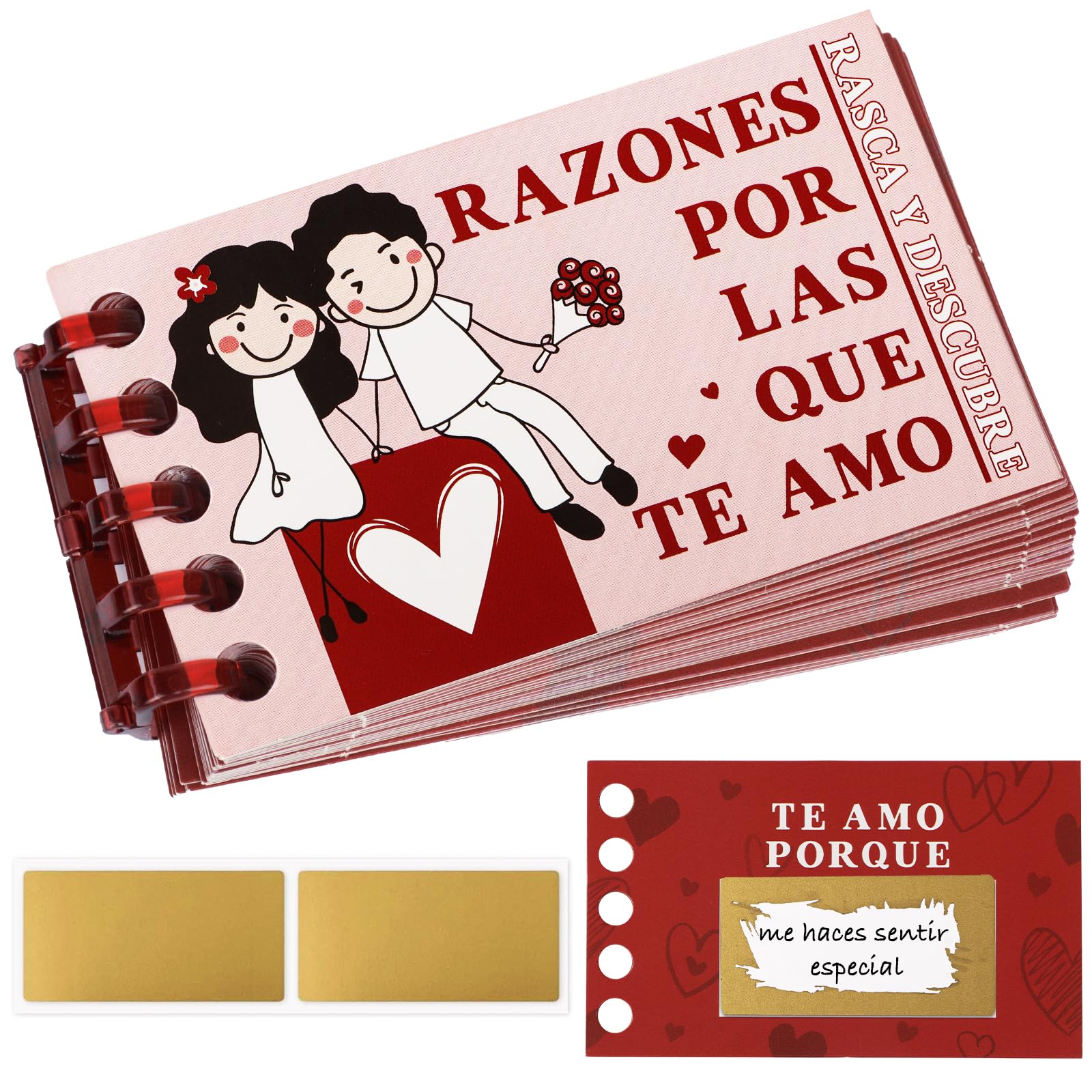 GEBETTER Regalo Día San Valentín, 25* Tarjetas Felicitación Español + 24* Pegatinas Rasca + 1* Canutillo Encuadernar, Regalo Aniversario Pareja Novia Novio Mujer Marido Boda, Libreta Sorpresa