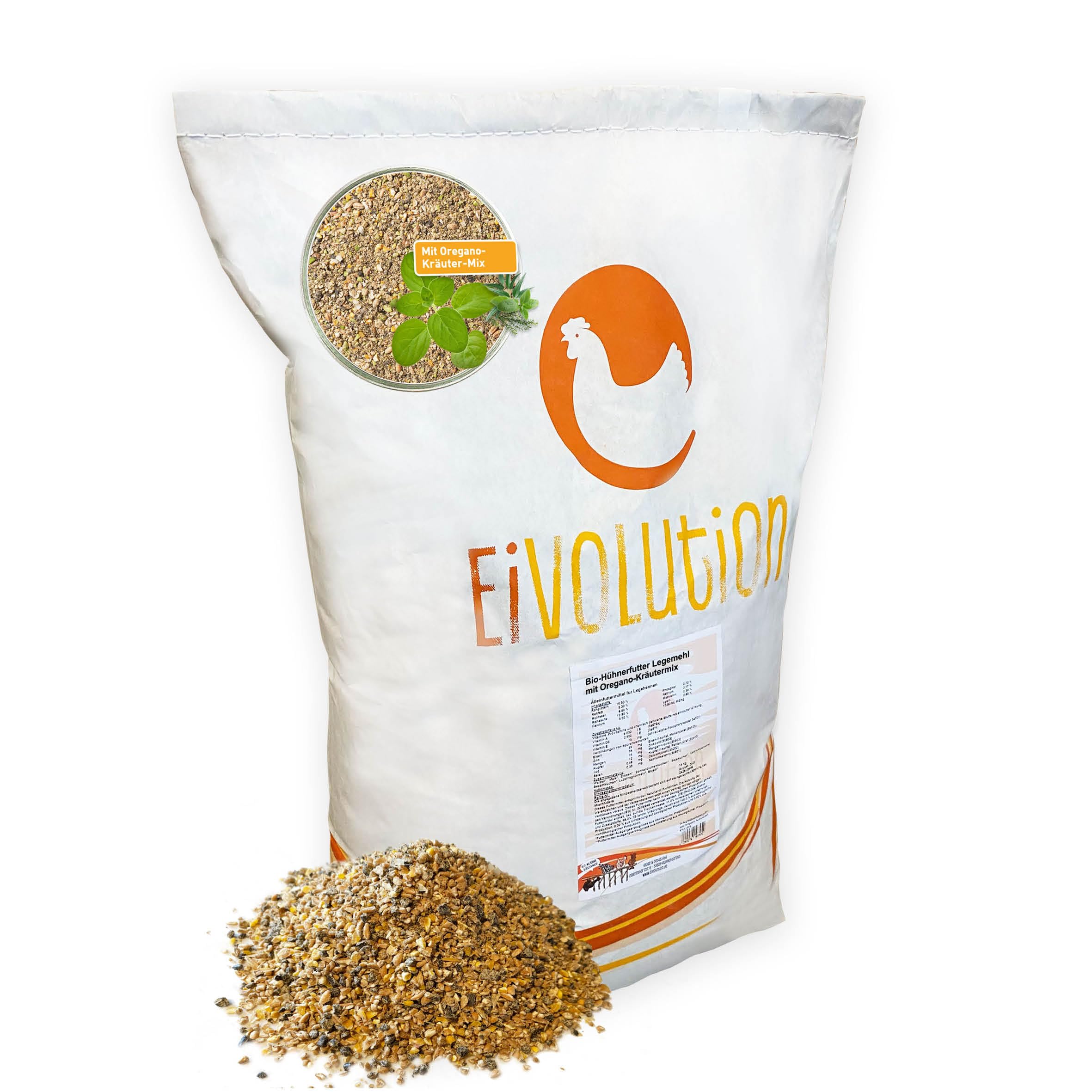 Eivolution Bio-Hühnerfutter Mehl mit Oregano-Kräutermix 14 kg, perfektes Futter für Legehennen & Geflügel, gesund und natürliches Alleinfutter, reichhaltig & schmackhaft