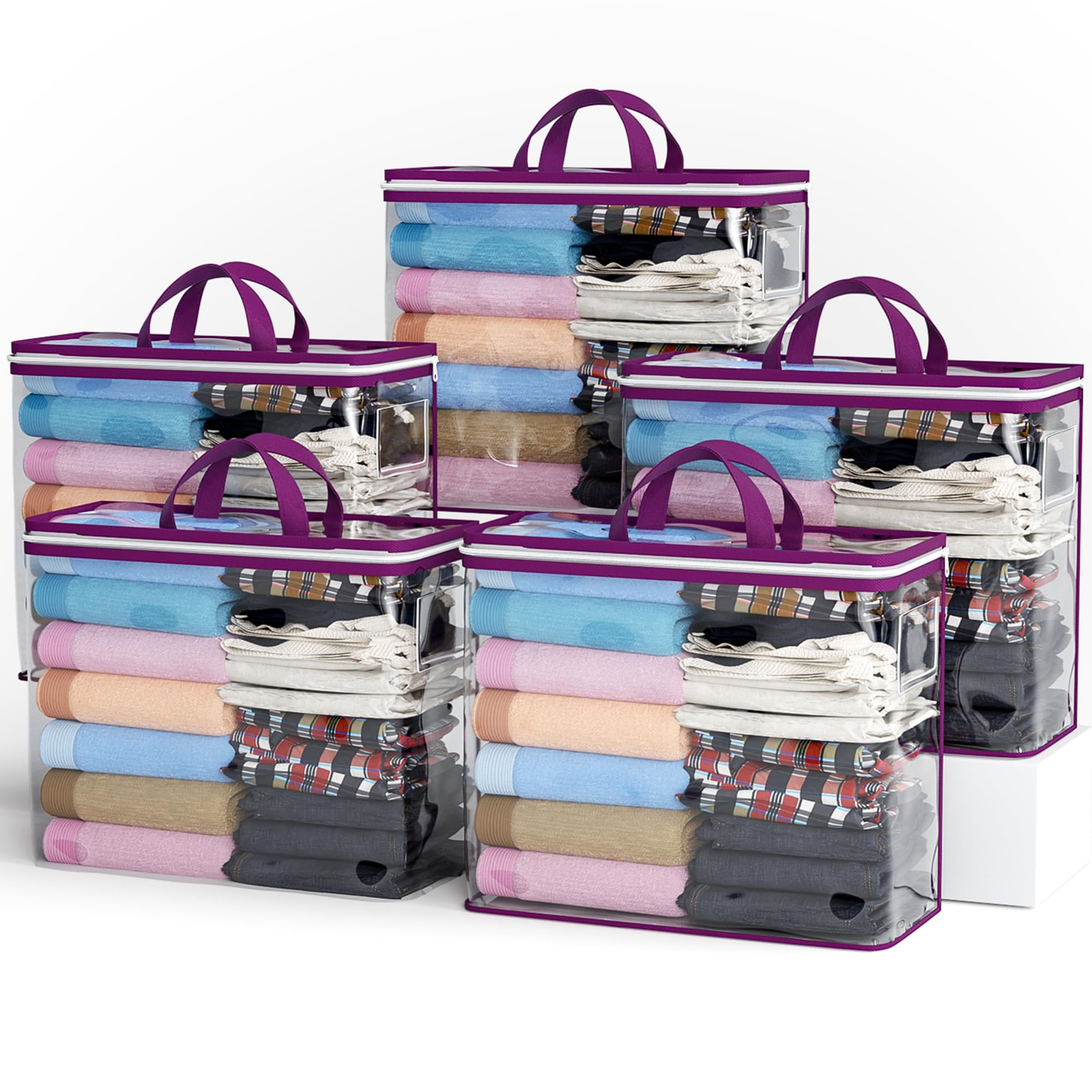 Clear Zippered Storage Bag Foldable Storage Bag, 22L Clear Storage Bags for Clothes, and Blanket Storage Bags for Bedding, CDs, Blankets, Comforters, Clothing & Toys (Purple, 5Pack)
