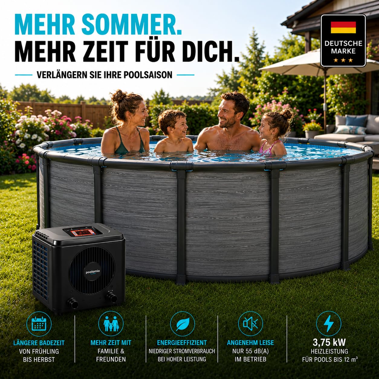 poolomio® Mini Pompe à Chaleur pour Piscine 3,75 KW avec contrôle par Application WiFi - Chauffage Efficace de Piscine COP 4,84 pour piscines Hors-Sol et Petites piscines jusqu'à 15 000 litres