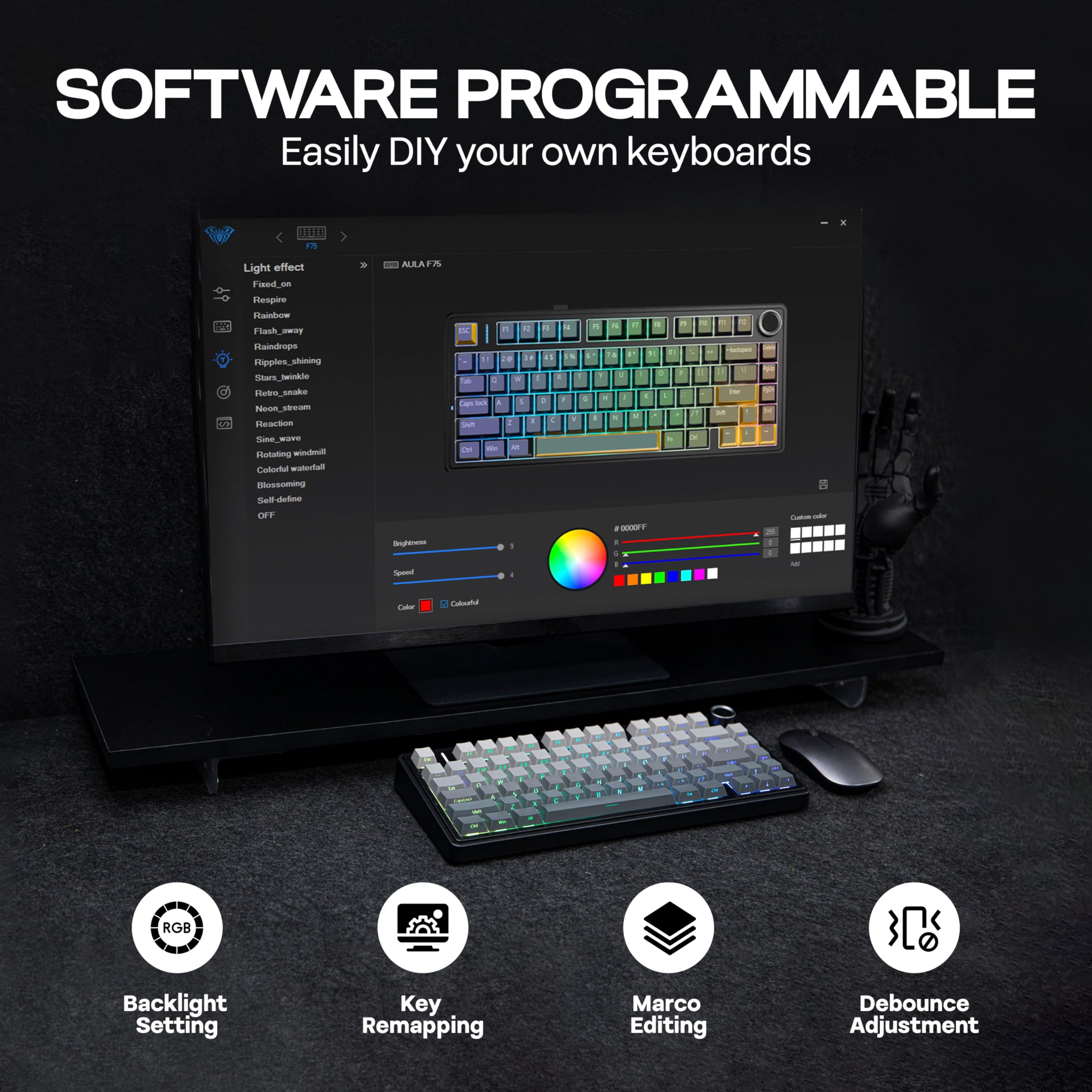 MechLands Aula F75 PRO - Teclado gaming inalámbrico 75%, teclado mecánico personalizado con montura Gasket y acolchado de cinco capas, Bluetooth/2.4GHz/USB-C, intercambiable en caliente, perilla, RGB