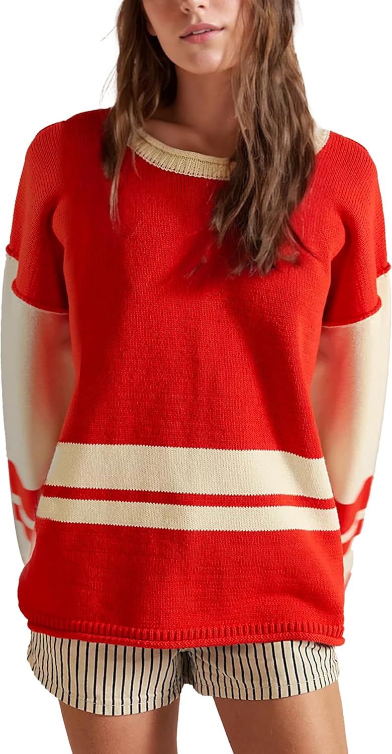 Women’s Knit Sweater Oversized Loose Fit Crewneck Long Sleeve Casual Pullover Color Block Design