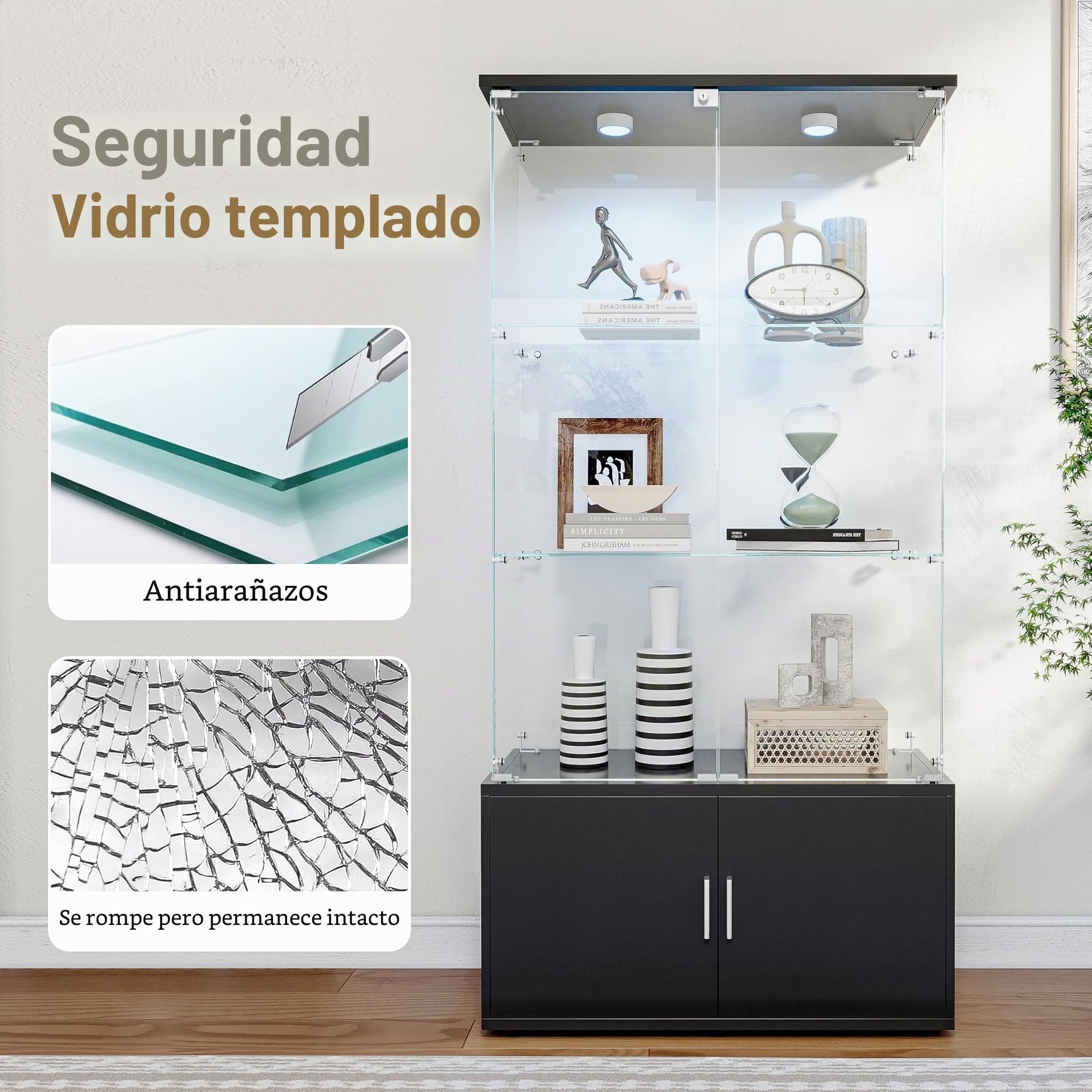 Vetrina moderna con LED in vetro, con 3 ripiani e 2 ante, trasparente, 79 x 35 x 164 cm, ideale per decorare la casa