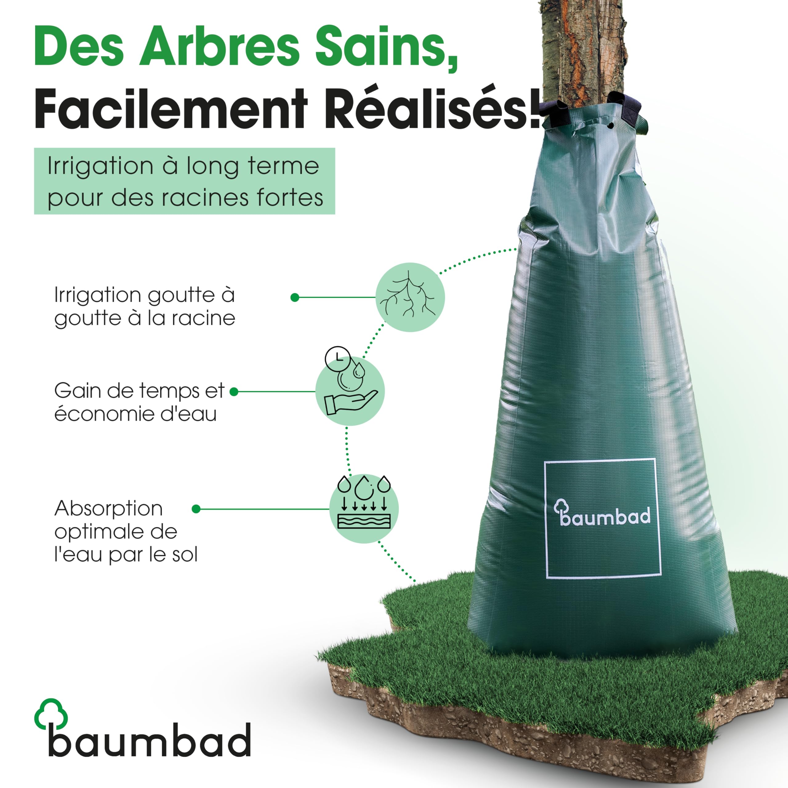 baumbad Lot de 10 Sacs d'arrosage de qualité supérieure - 100 l - en PVC résistant aux UV - Vert