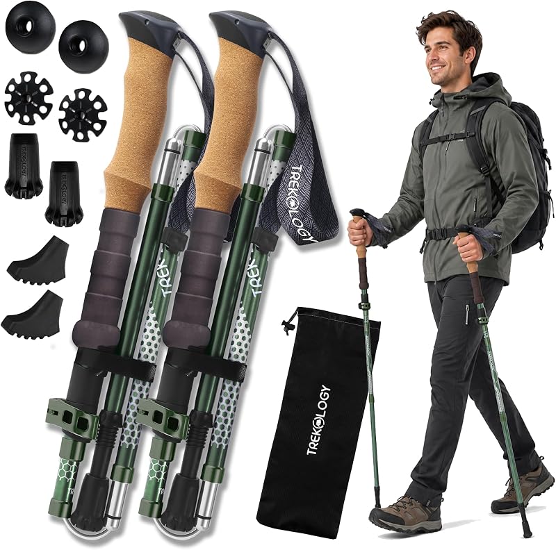 Trekology Trek-Z Bastones de senderismo, bastón para hombres y mujeres, 2 piezas | Bastón de aluminio ligero plegable, plegable y ajustable para personas mayores; plegable, retráctil para viajes, senderos, equilibrio