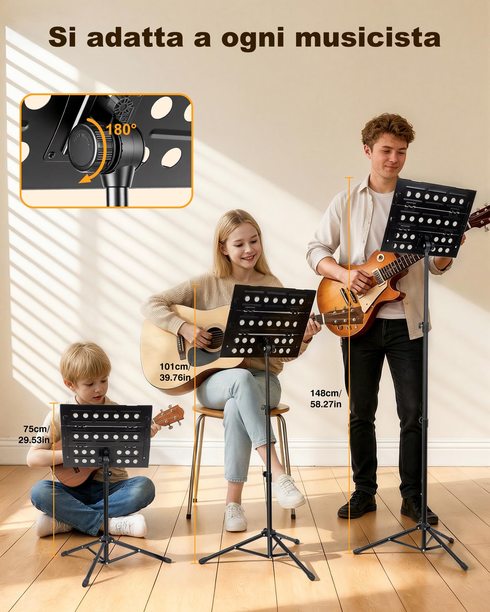 New Bee Leggio Musicale Pieghevol 2 in 1 Altezza Regolabile | Leggio Musicale da Terra con Borsa di Trasporto Portatile Spartiti per Esibizioni di Banda Orchestra e Esercizi a Casa, Nero