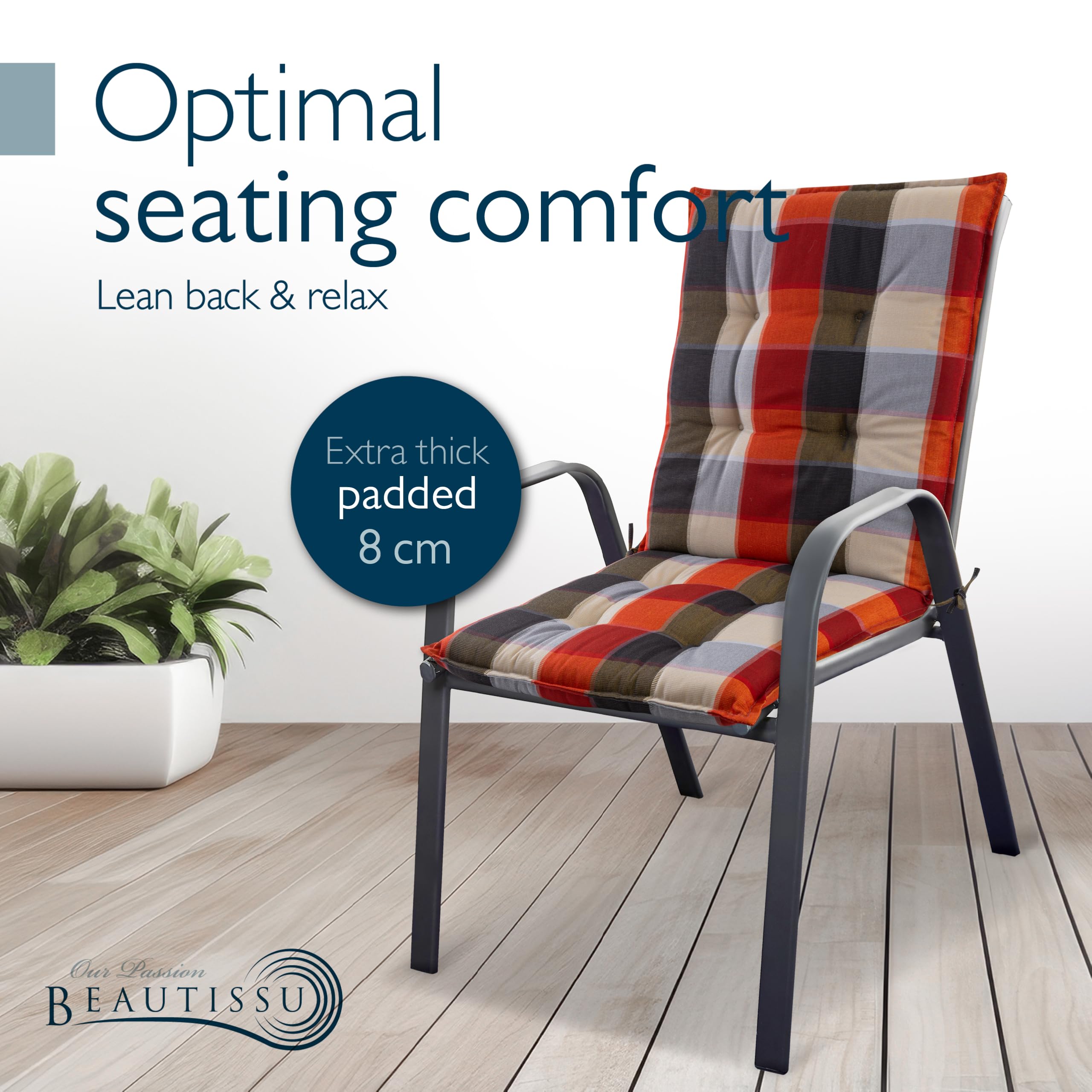 Beautissu Set of 6 Premium Outdoor Chair Cushion Low Back with Non-Slip, Orange Beige Chequered, 6 Cushions - Image 2